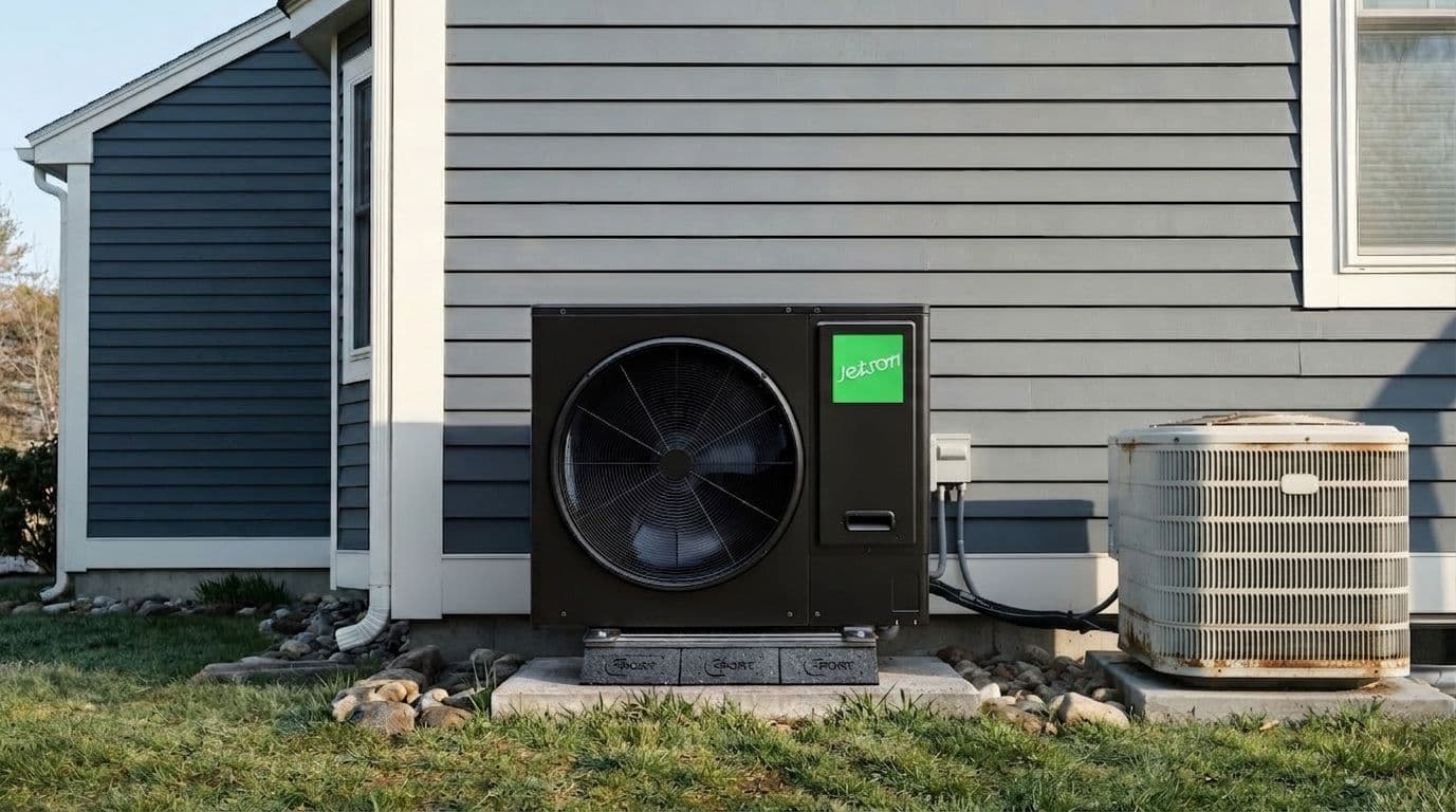 Matte black Jetson heat pump condenser installed next to a weathered traditional AC unit on the side of a New England home during summer golden hour