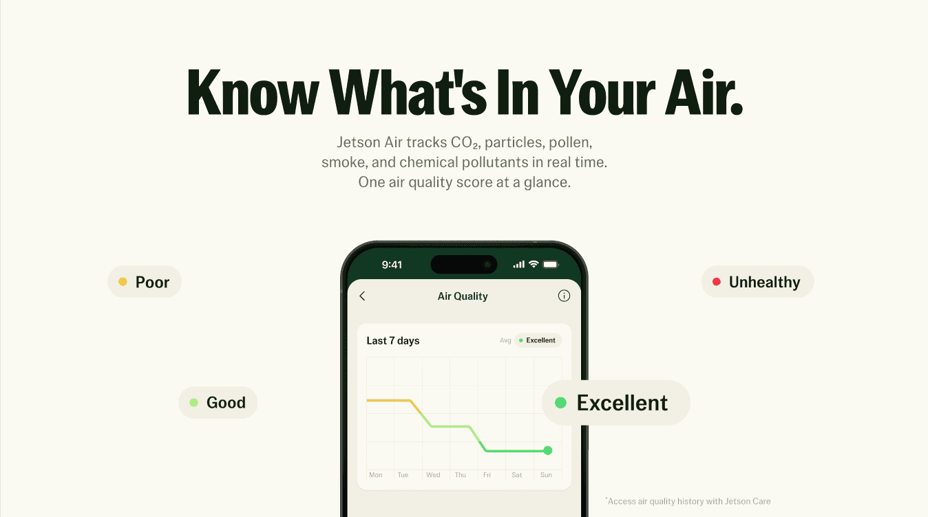The Jetson Home app's Air Quality view showing the Poor, Good, Excellent, and Unhealthy category labels