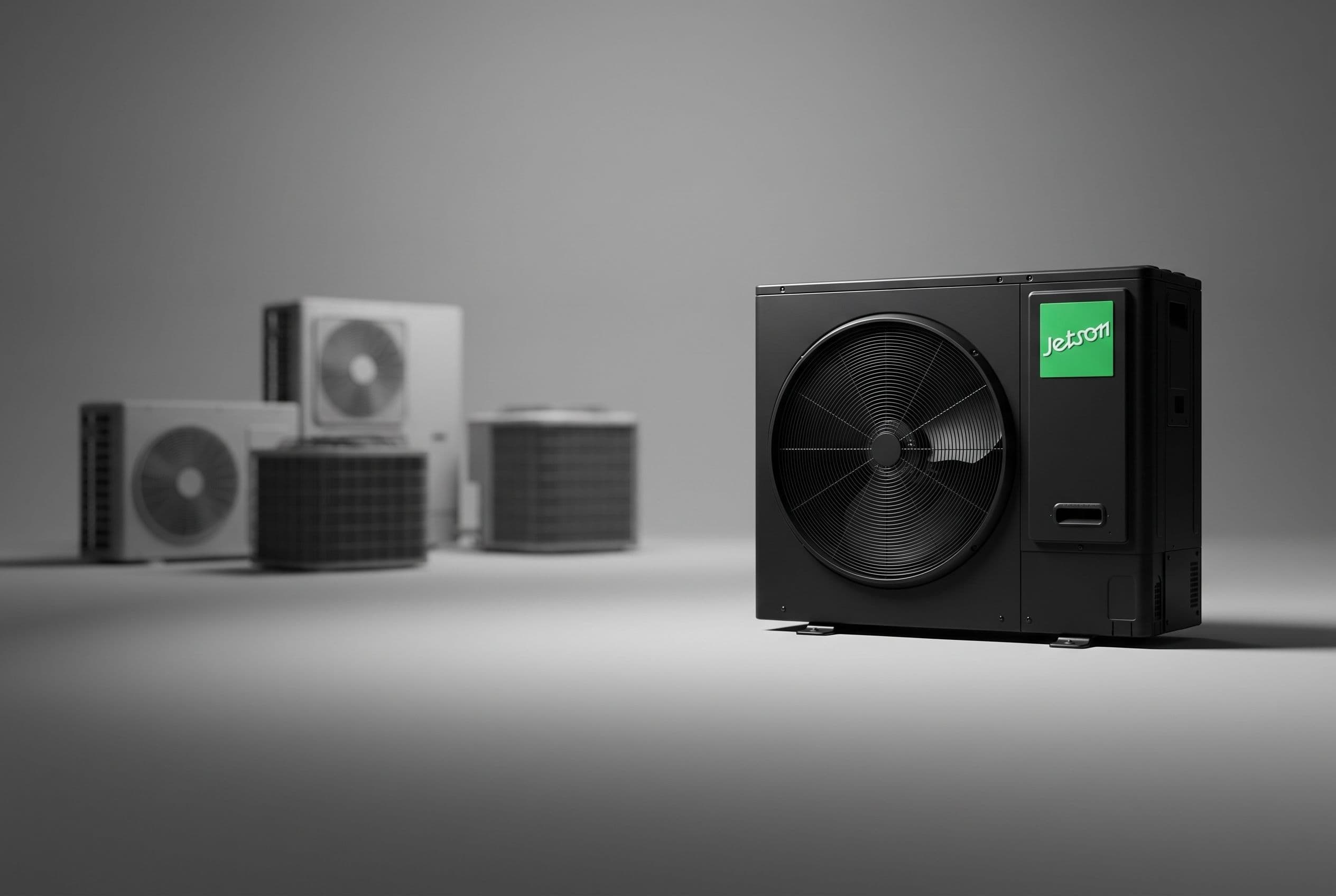 Studio photograph of the Jetson Air heat pump condenser with other heat pump units blurred in the background, rule of thirds with generous breathing room