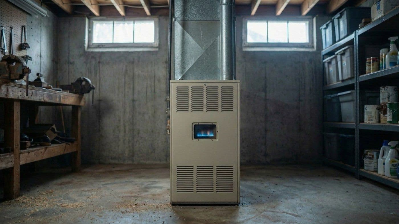 An old gas furnace with a lit burner in a basement