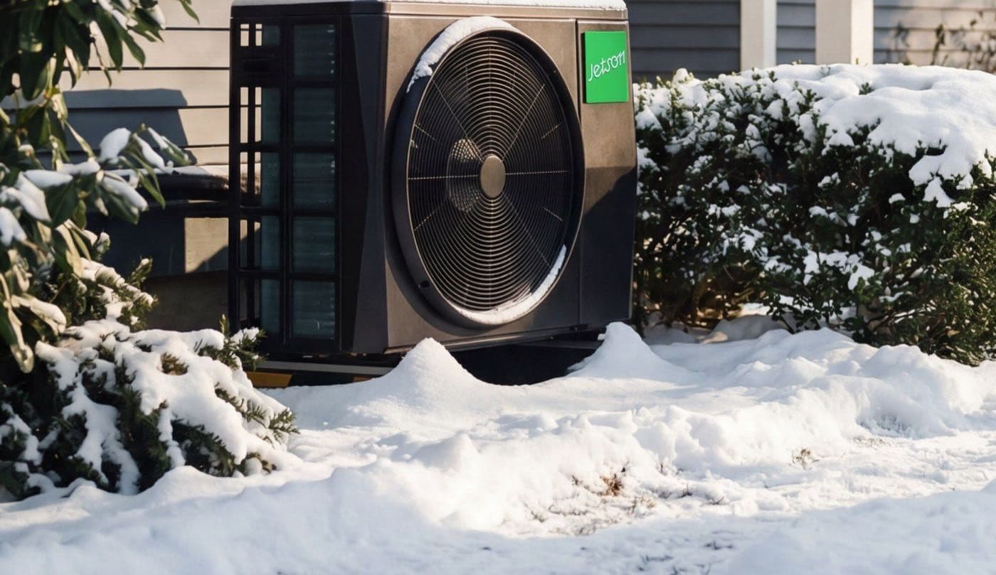 A Jetson heat pump condenser running in deep snow beside a home