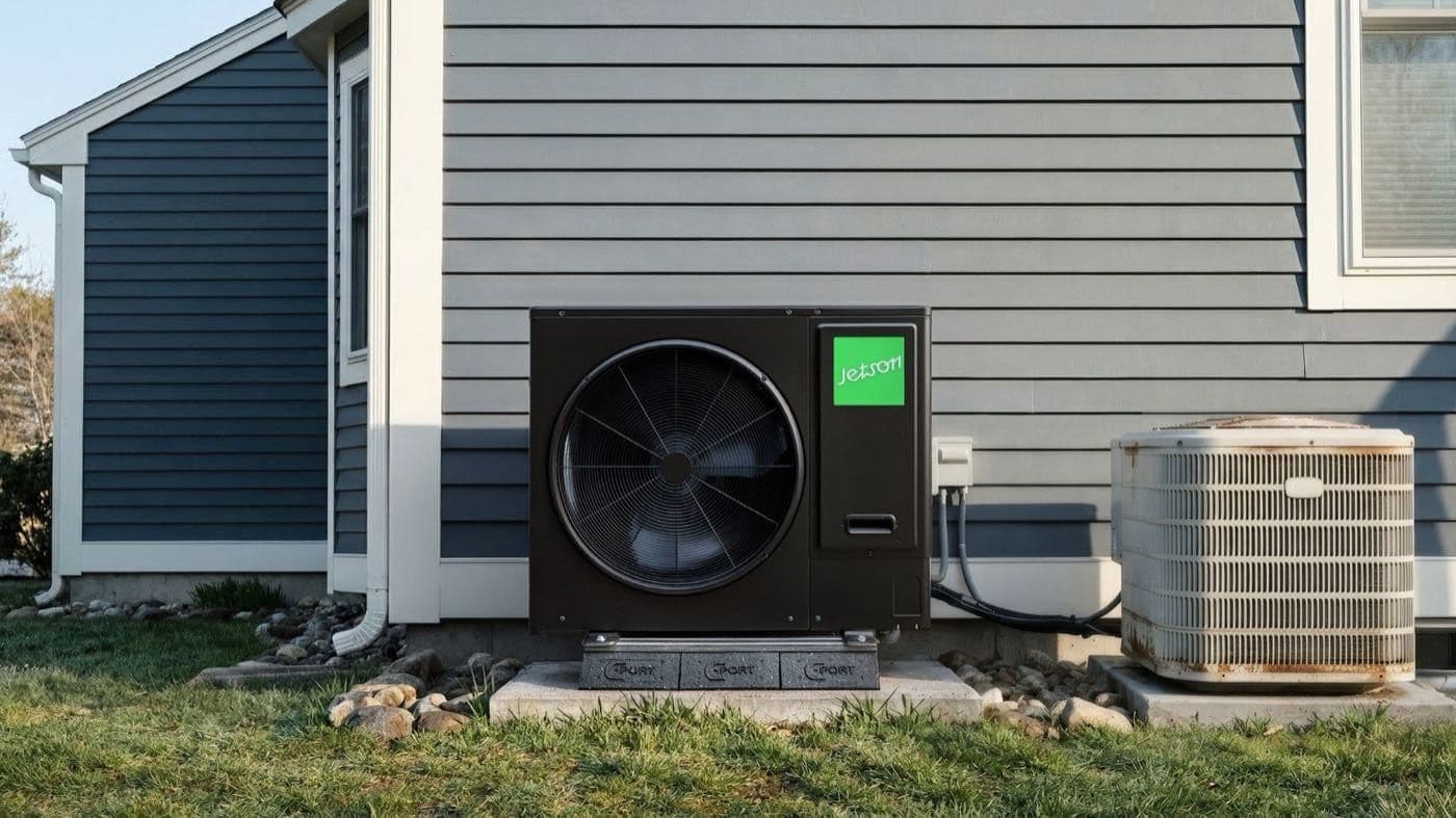 A Jetson heat pump installed beside an old air conditioner