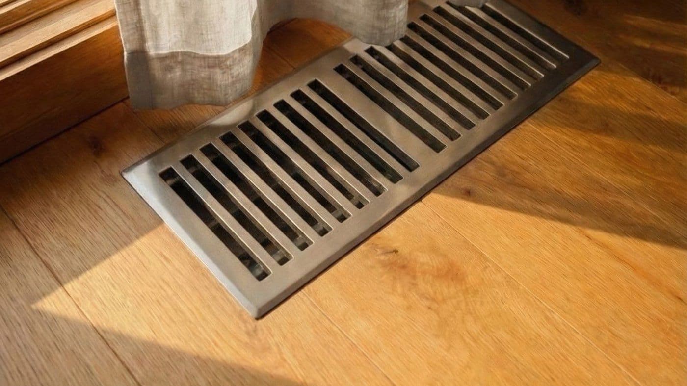 A floor supply vent on a hardwood floor in warm light