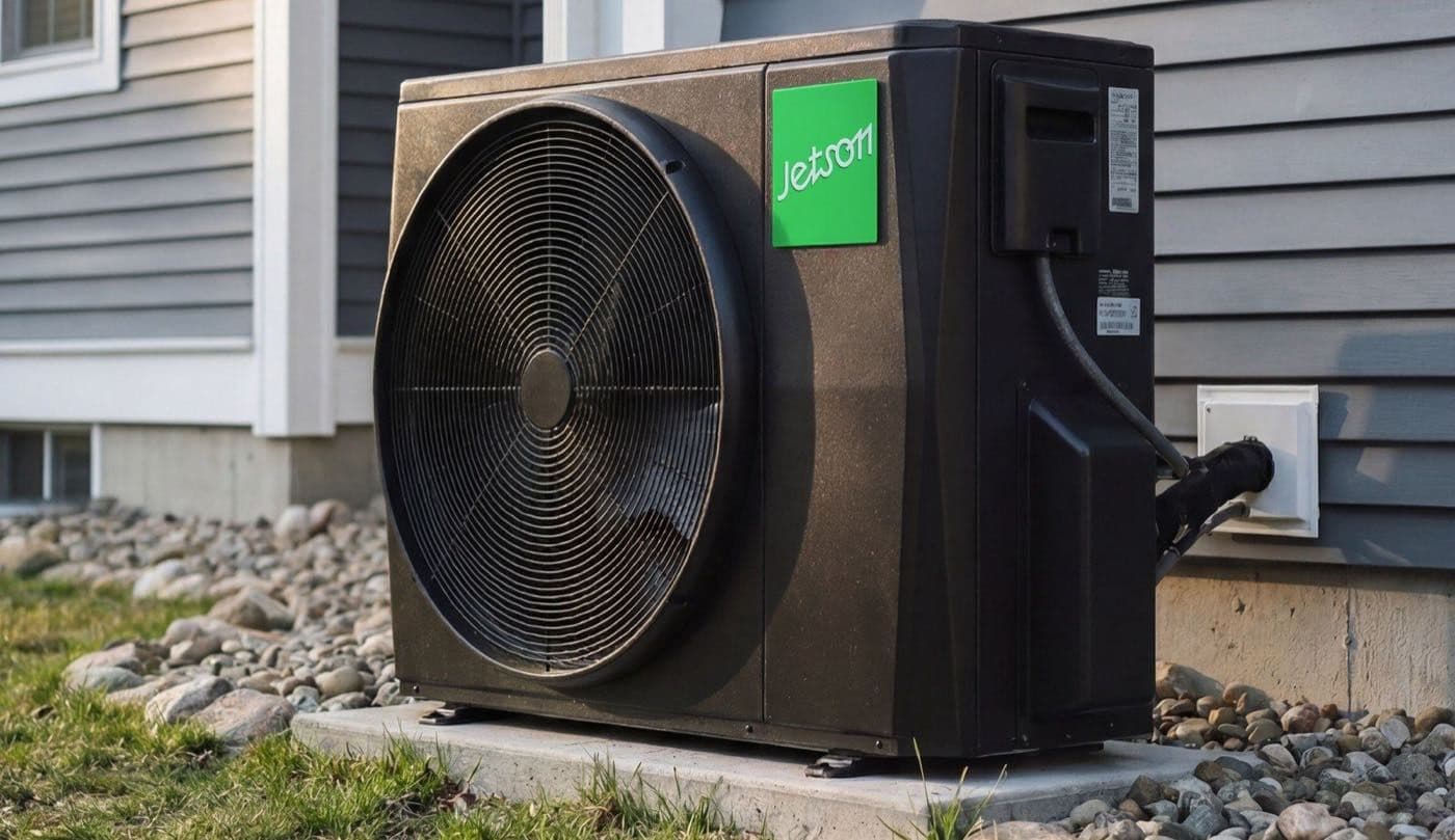 A Jetson heat pump condenser installed on a concrete pad beside a home