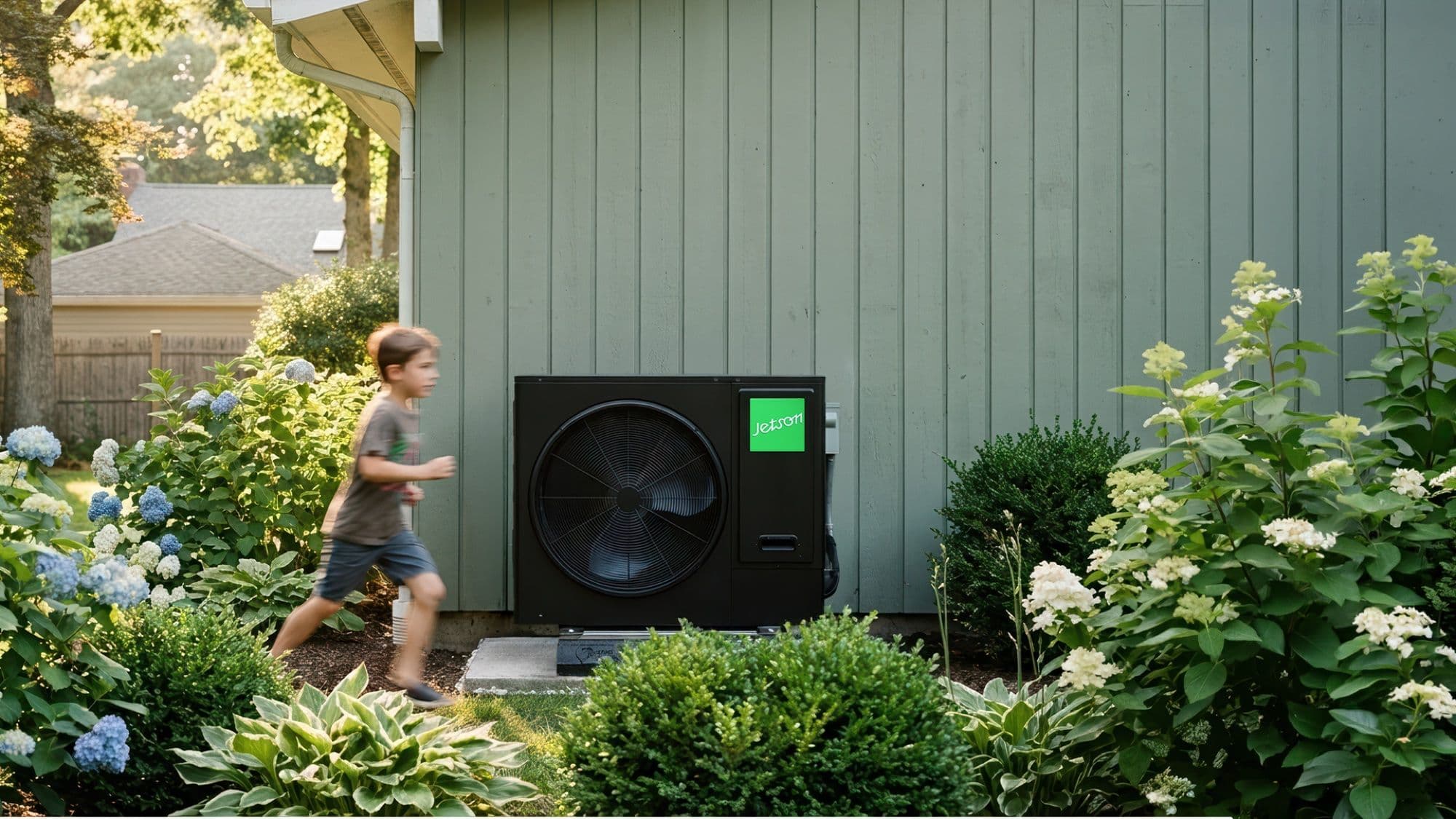 Child running past a Jetson Air heat pump installed beside a green-sided home