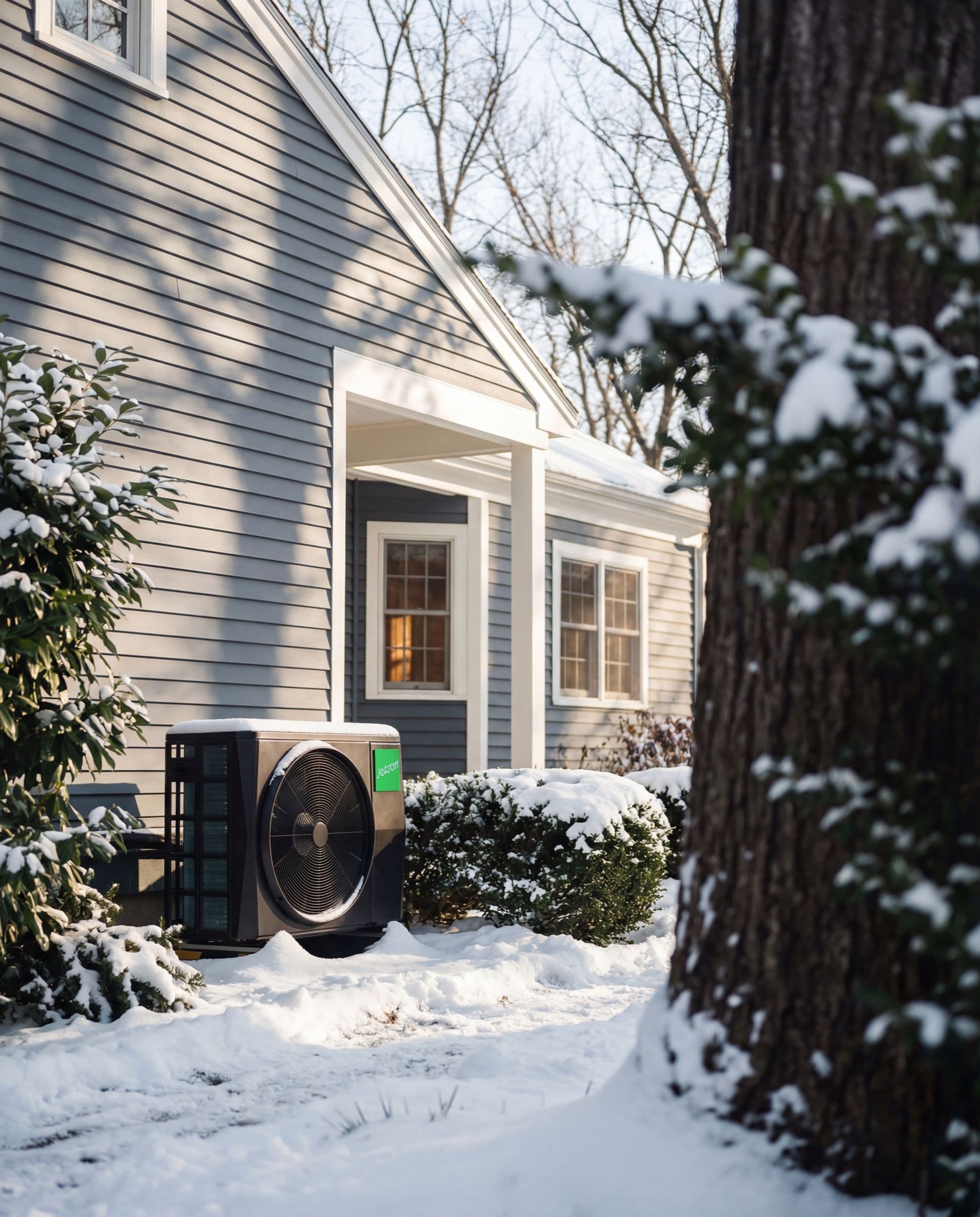 Jetson Air heat pump outside a home on a snowy winter evening