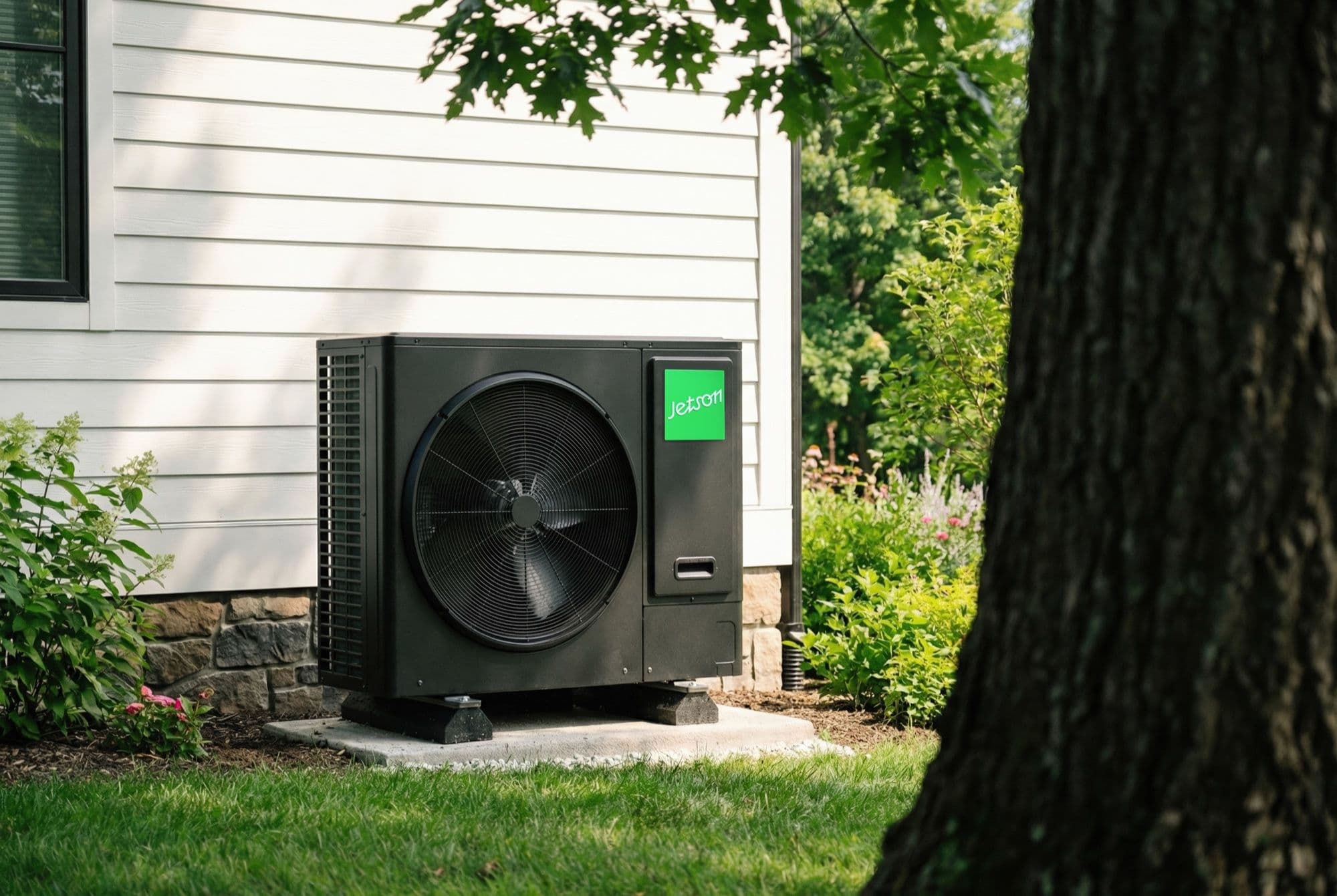 Jetson Air heat pump beside a white clapboard home in a sunny Massachusetts garden