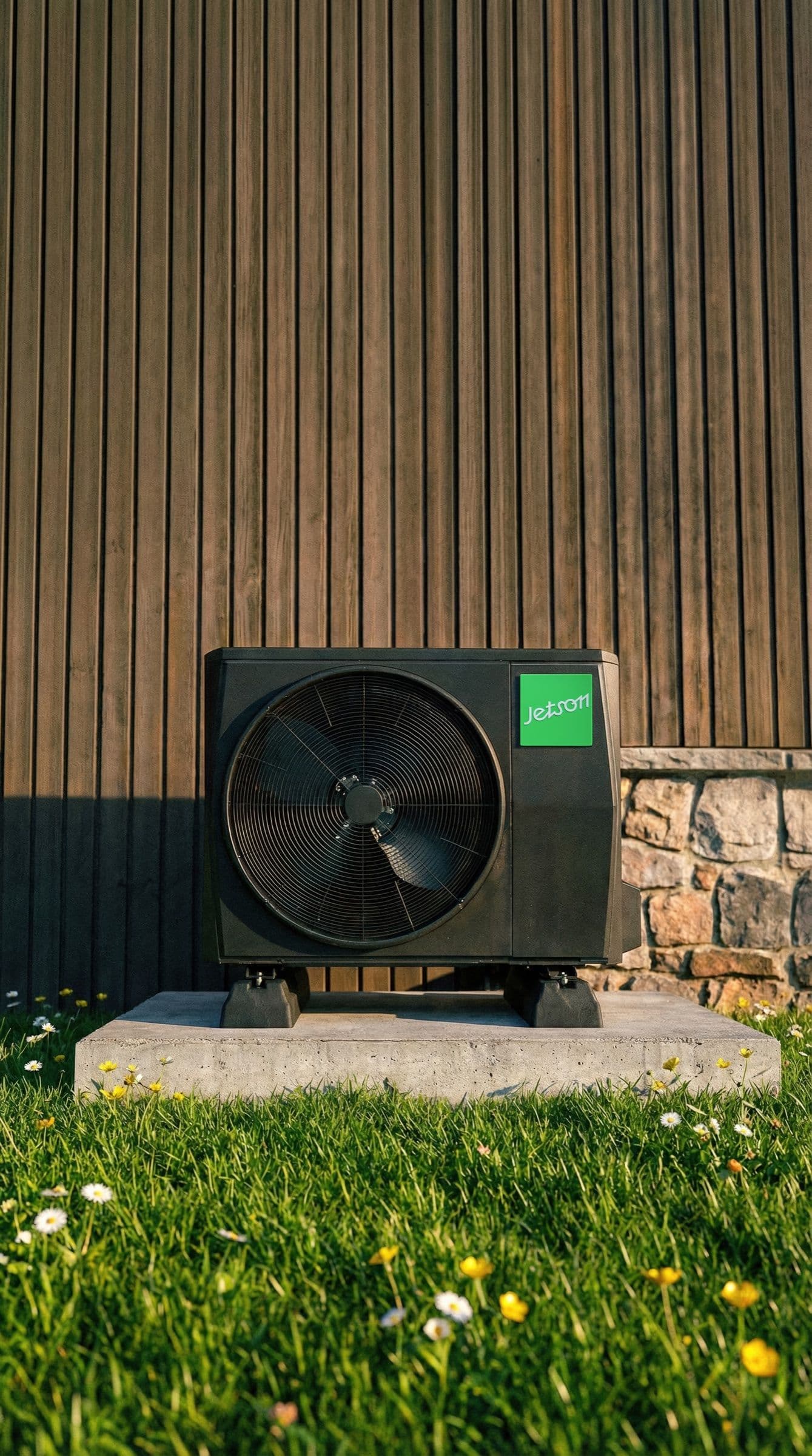 Jetson Air heat pump outdoor unit in a sunny home garden