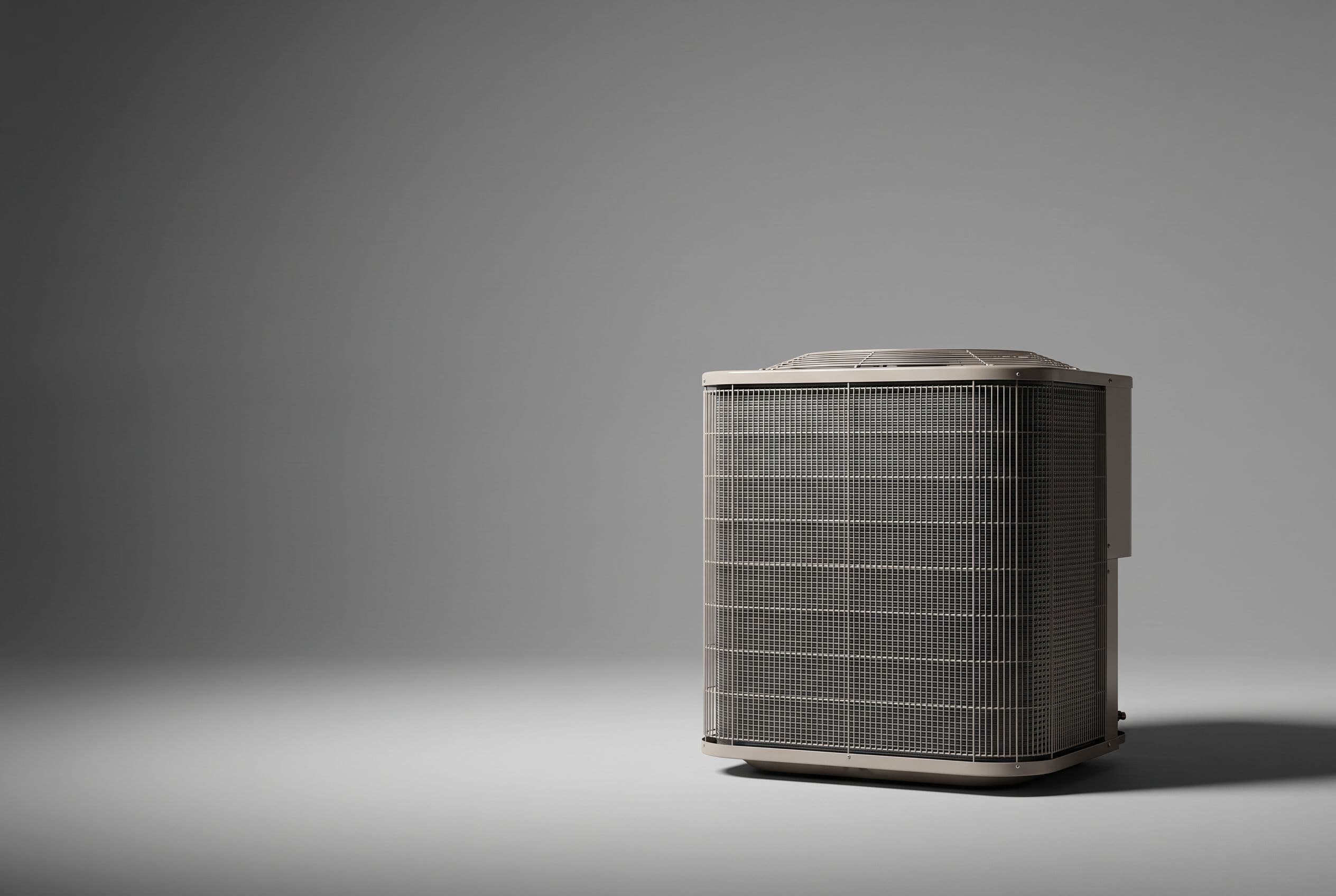 Studio photograph of a Carrier heat pump outdoor unit