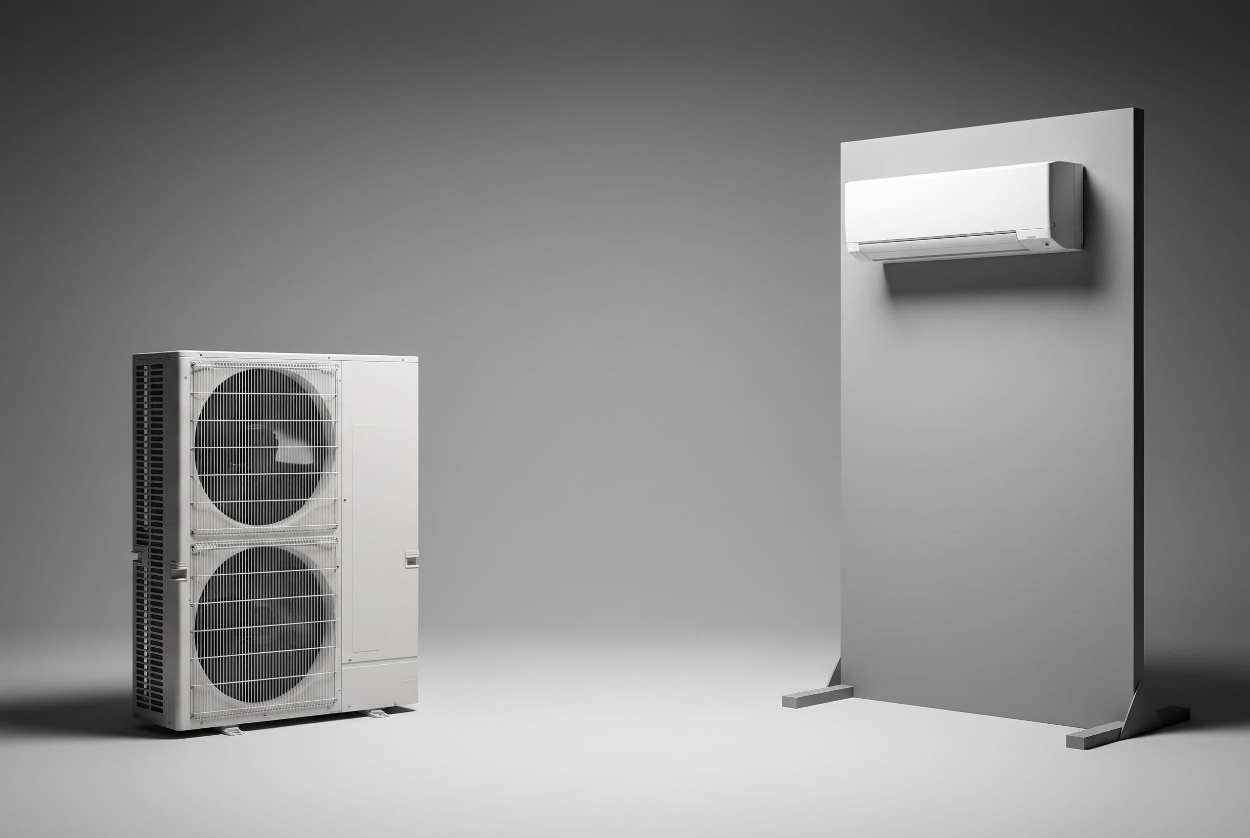 Studio photograph of a Mitsubishi ductless outdoor condenser and wall-mounted indoor unit