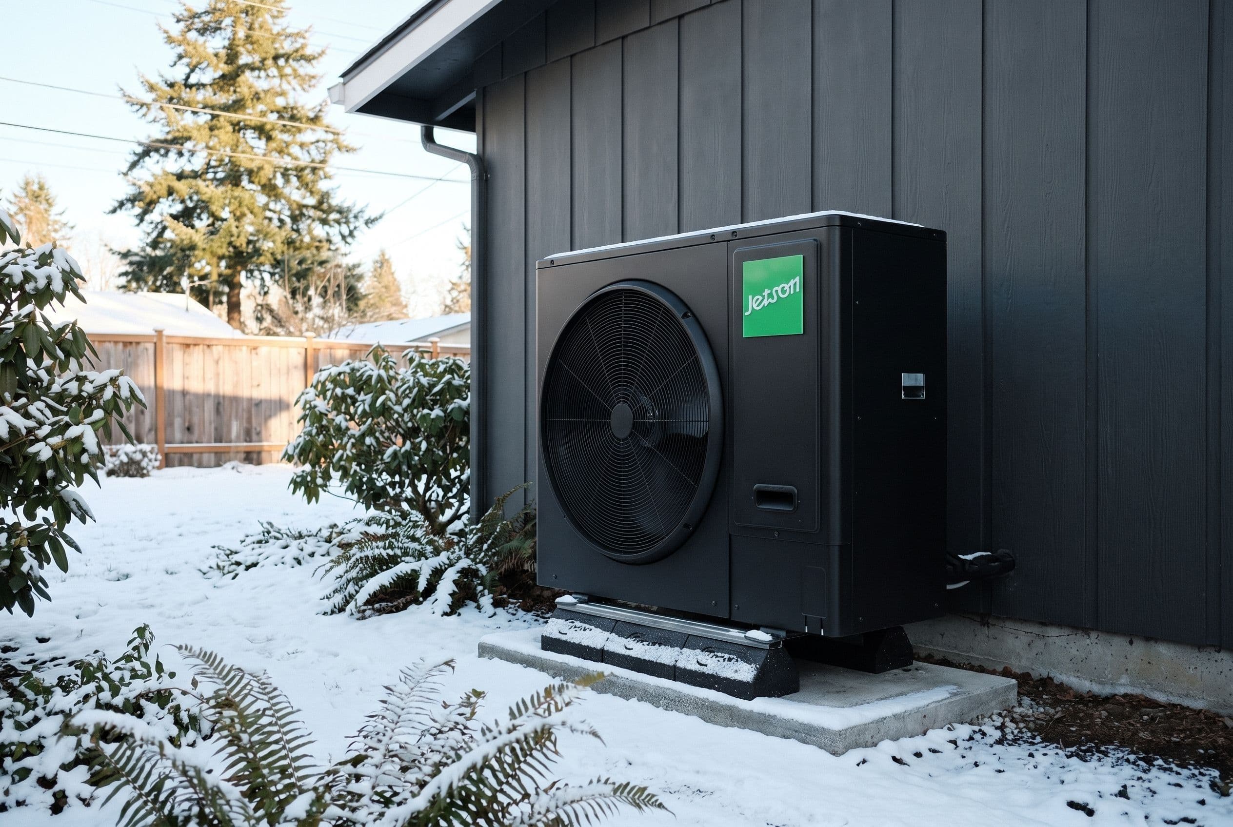 Jetson heat pump condenser unit installed outside a home in Metro Vancouver, dusted with fresh snow