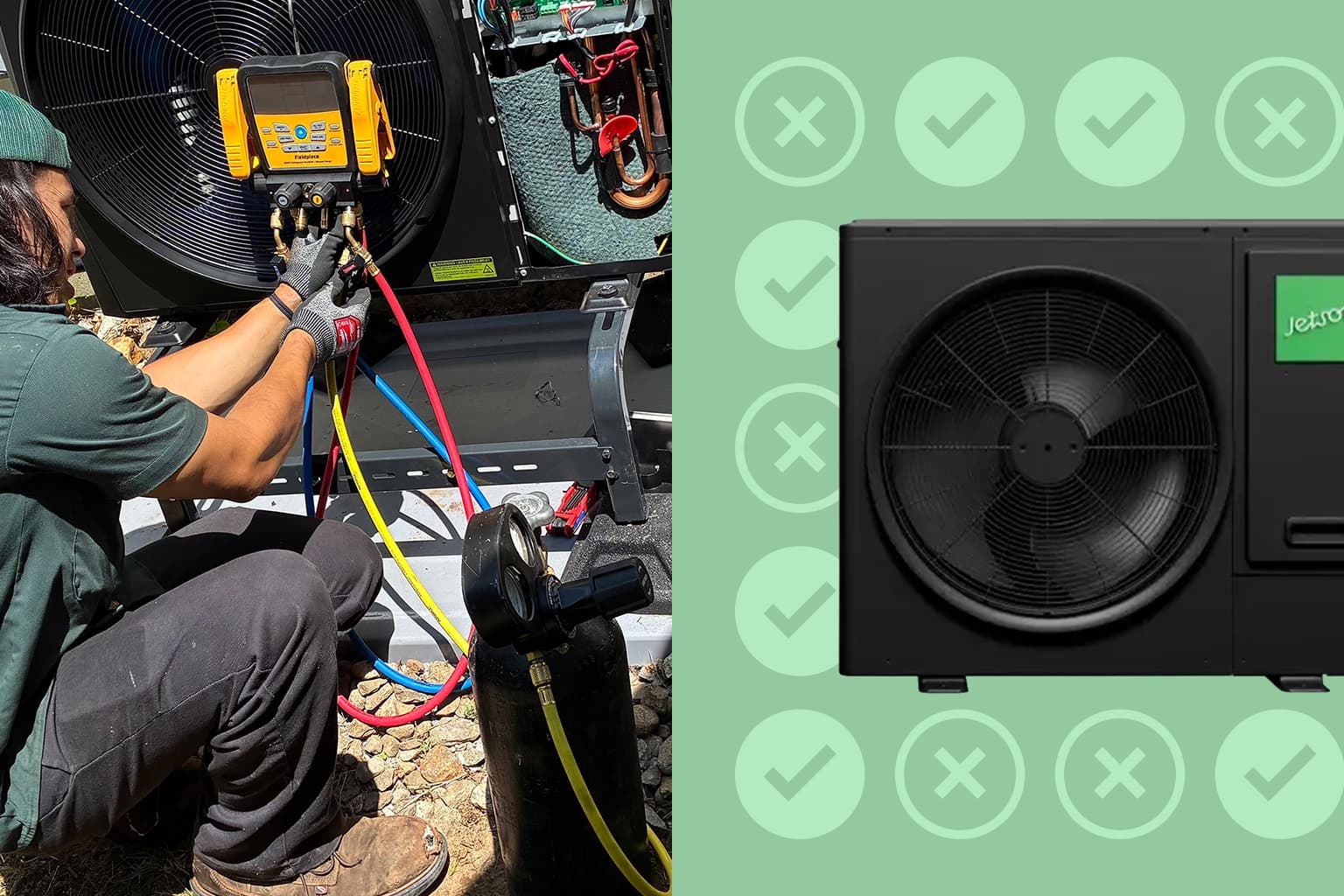Side by side images of a person hooking up cords to a Jetson Air heat pump and the Jetson Air in front of a green background