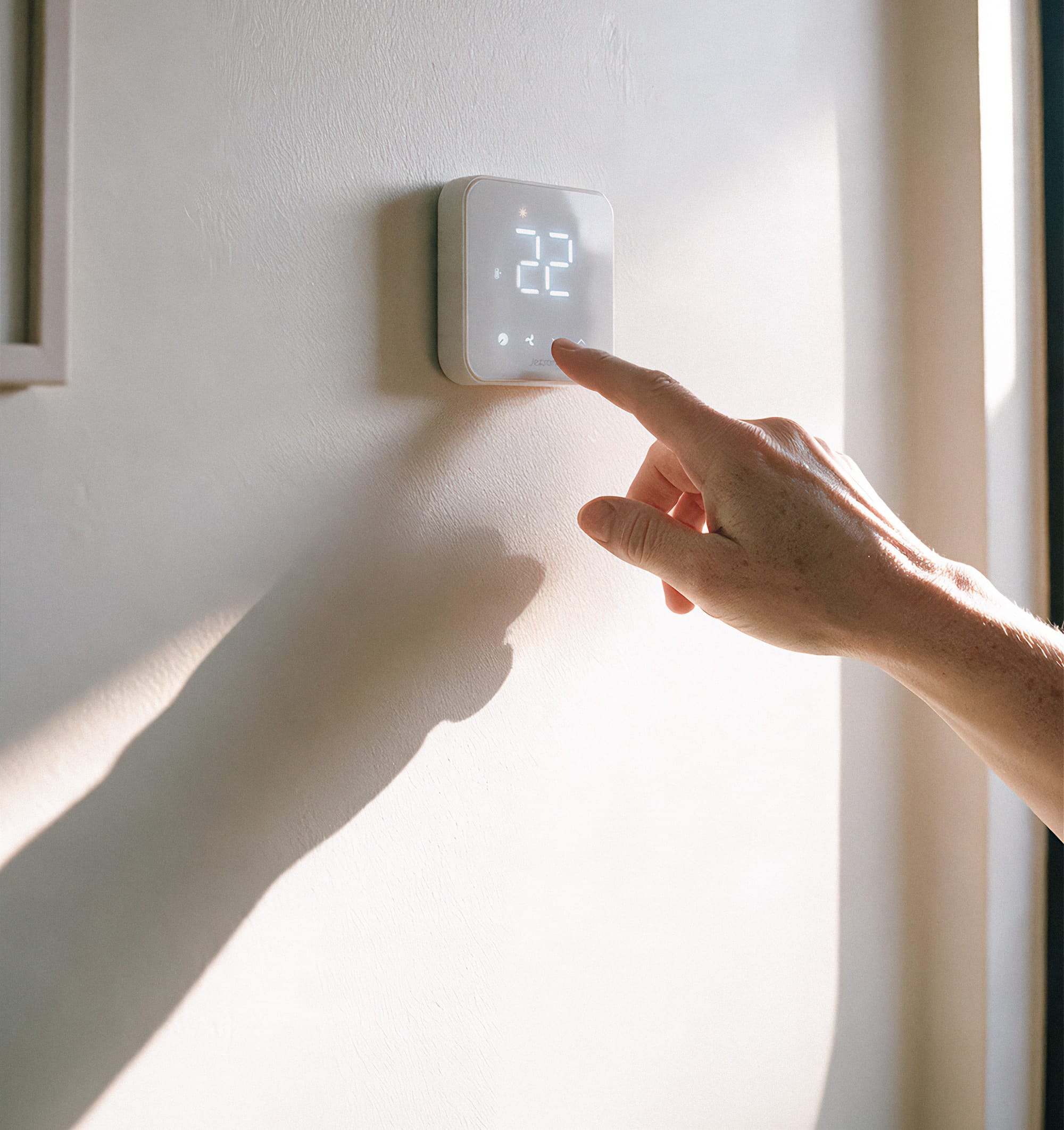 A hand pressing a wall thermostat that reads 22