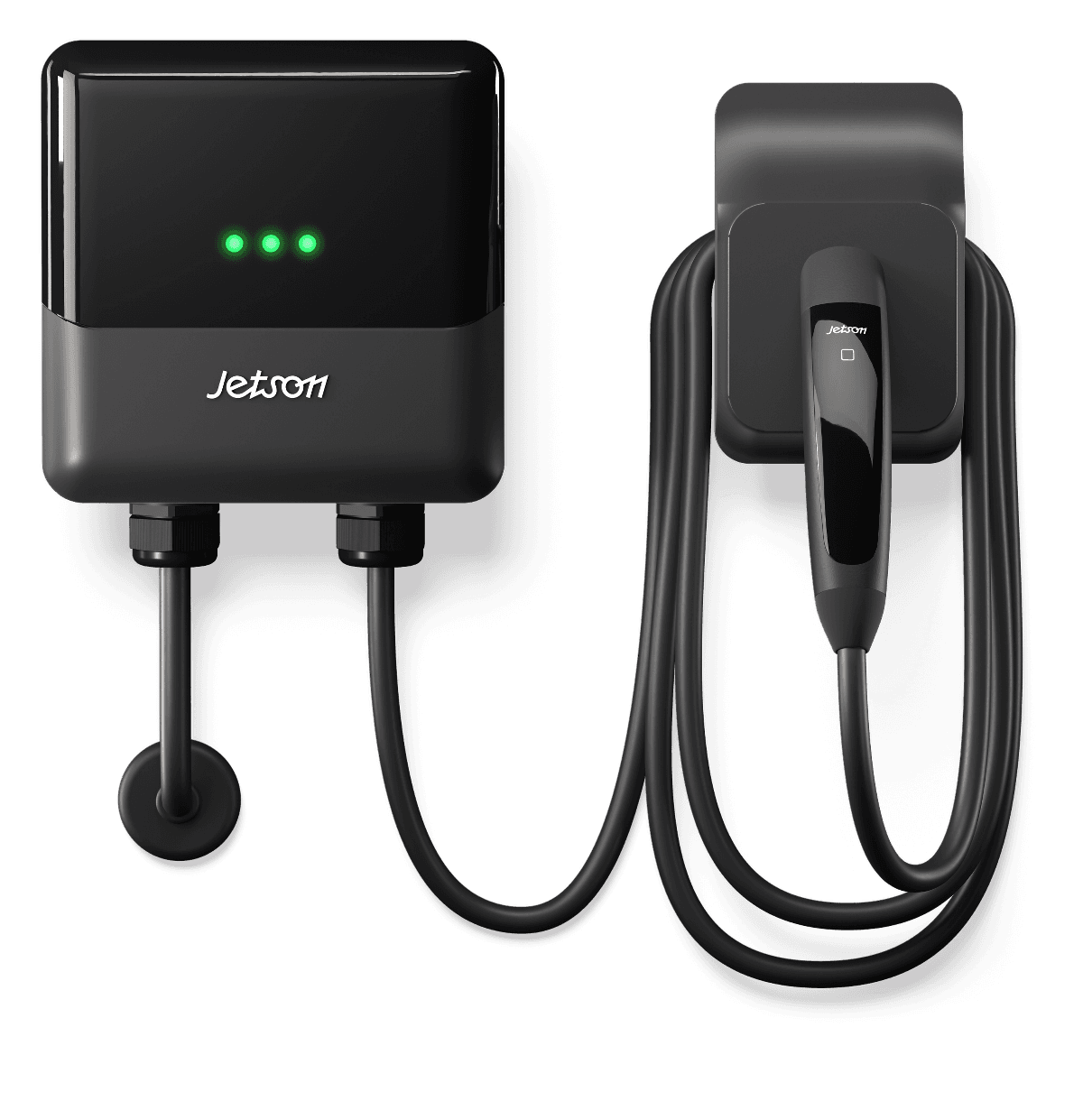A Jetson Charge wall unit with its cable coiled on a wall holster