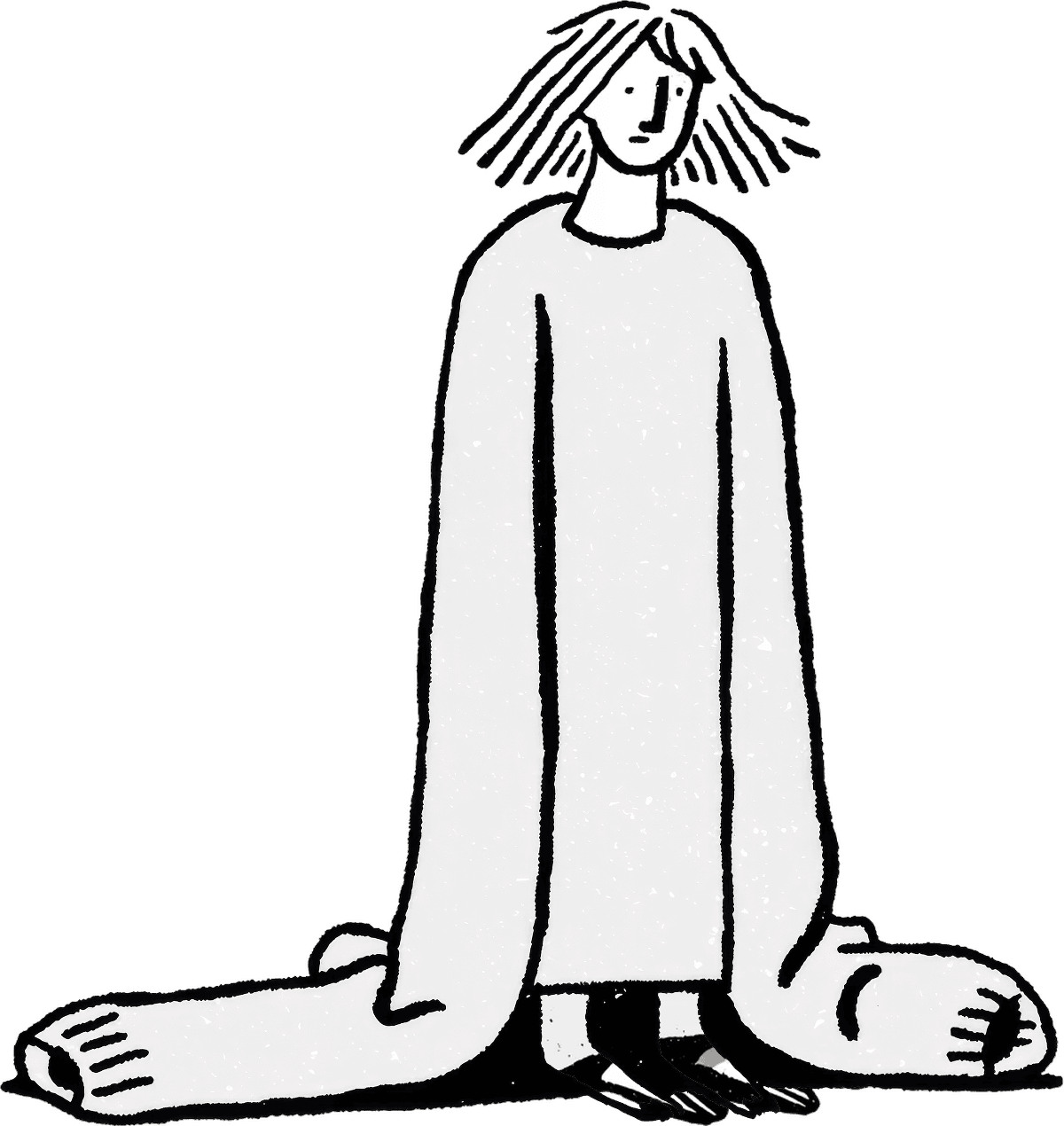 An illustrated person sitting in an oversized sweater