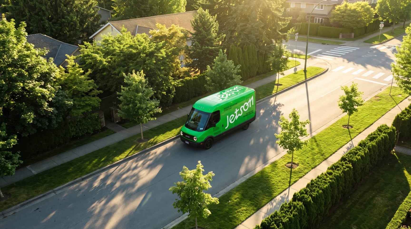 A Jetson van on a tree-lined road