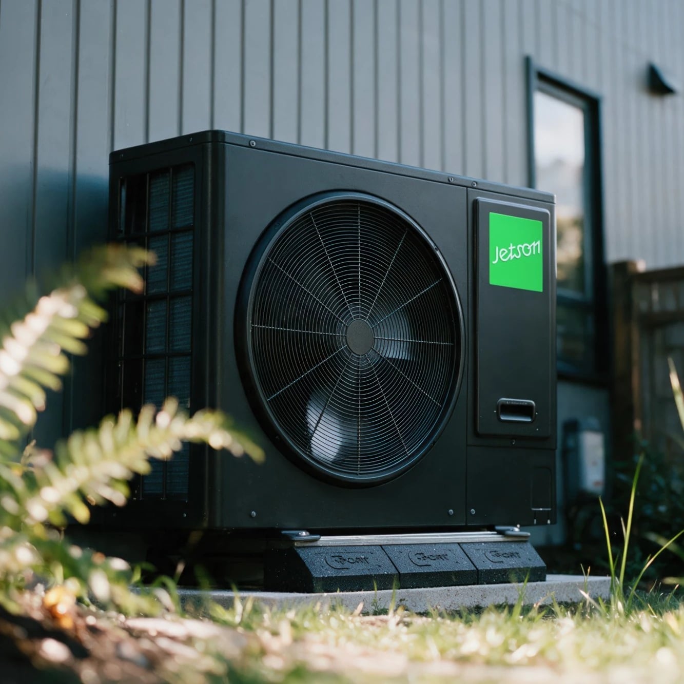 A Jetson Air heat pump beside a wood-sided home