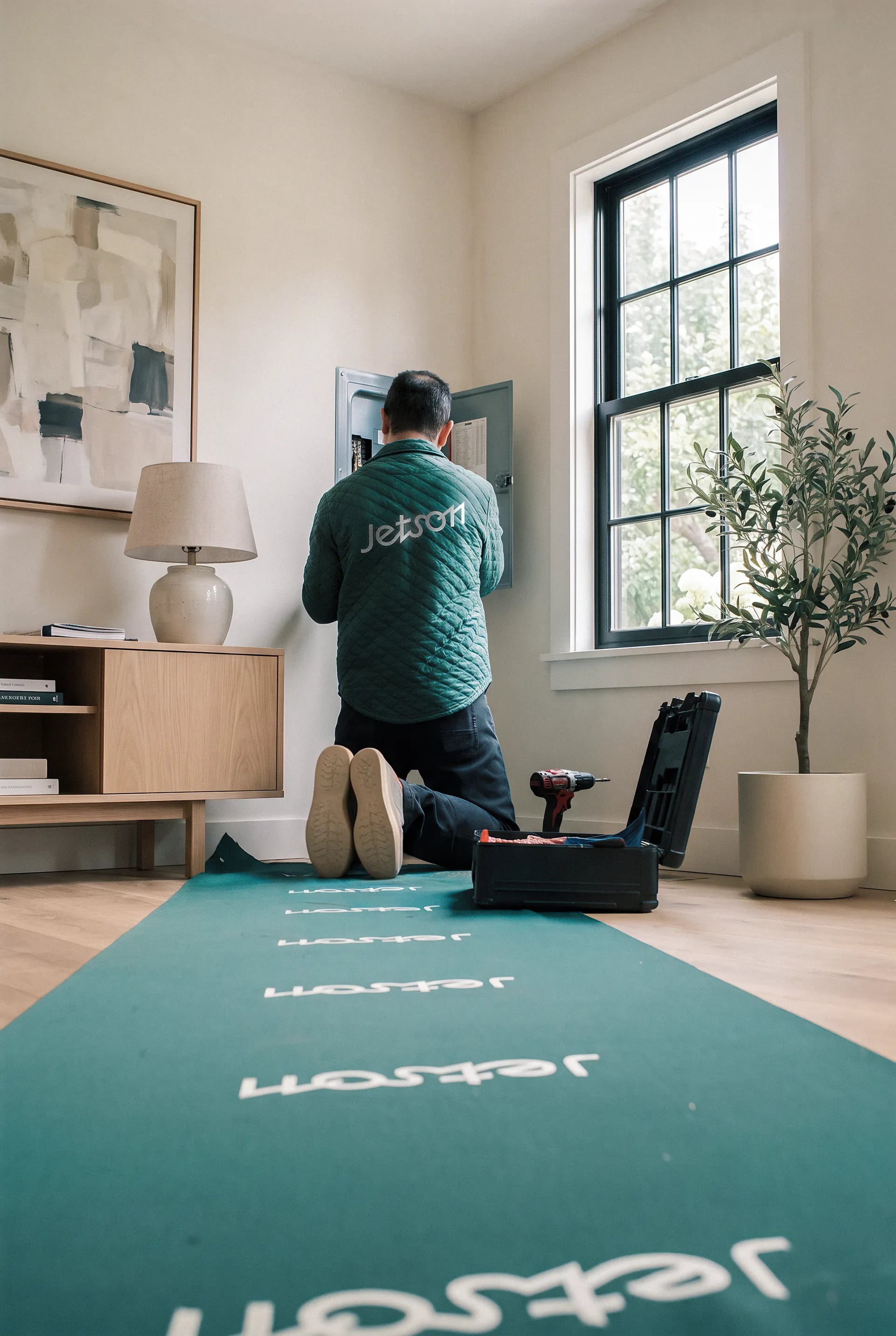 A Jetson technician kneeling on a Jetson floor runner to work on an open electrical panel in a bright living room, with a drill and tool case beside him