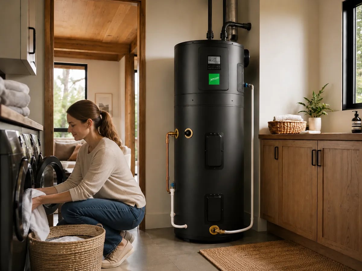 A woman doing laundry beside a Jetson Water heat pump water heater