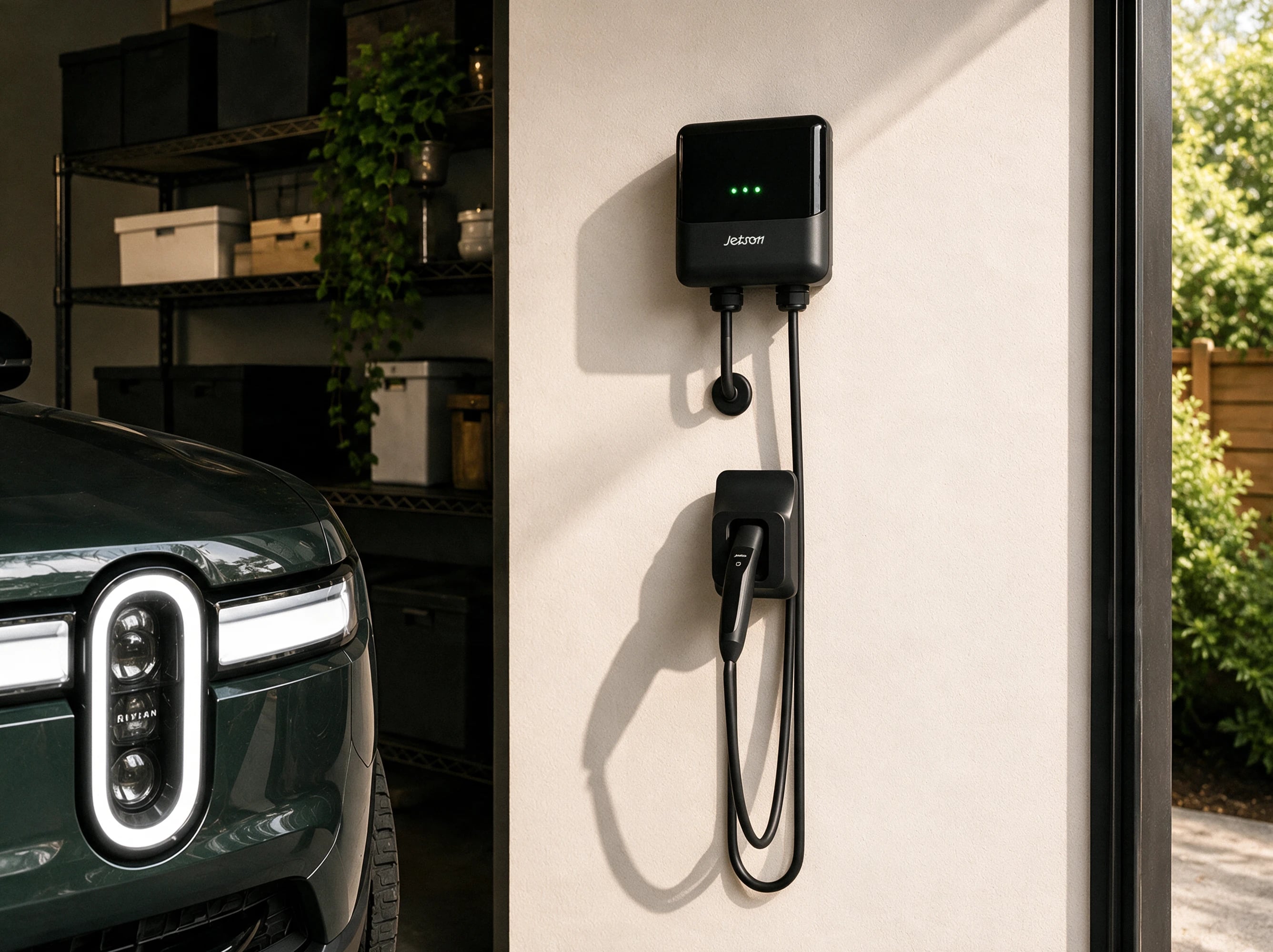 A Jetson Charge EV charger mounted on a garage wall