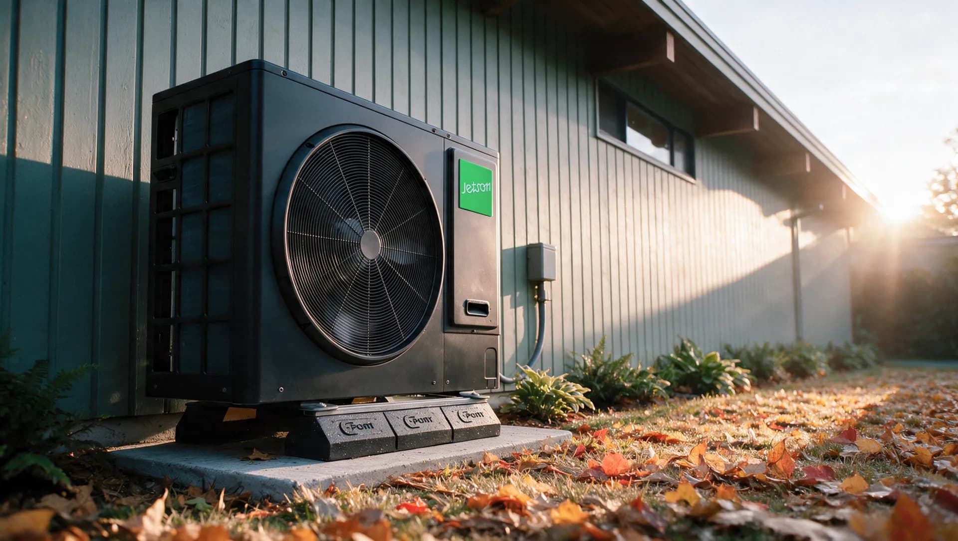 A Jetson heat pump beside a home on an autumn morning