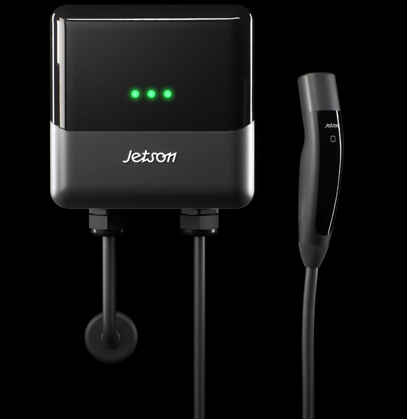 A Jetson Charge wall unit with its cable coiled on a wall holster