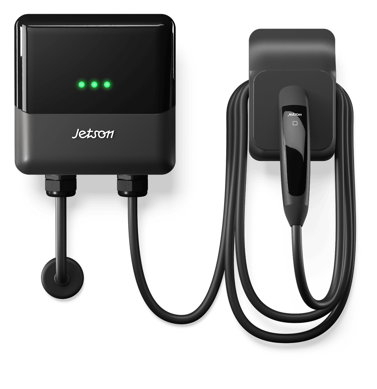 A Jetson Charge wall unit with its cable coiled on a wall holster