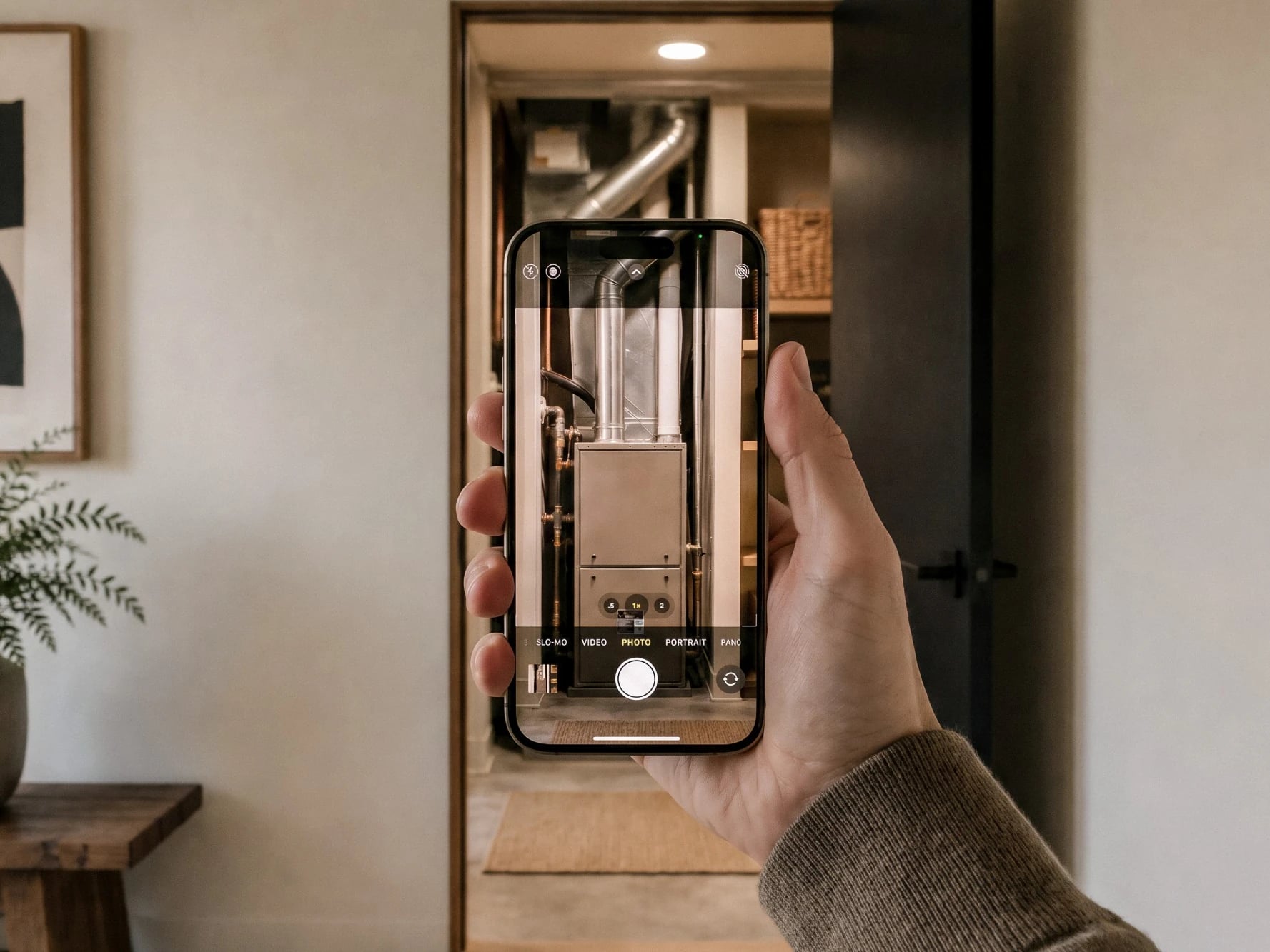 Phone camera framing an existing furnace for a setup photo