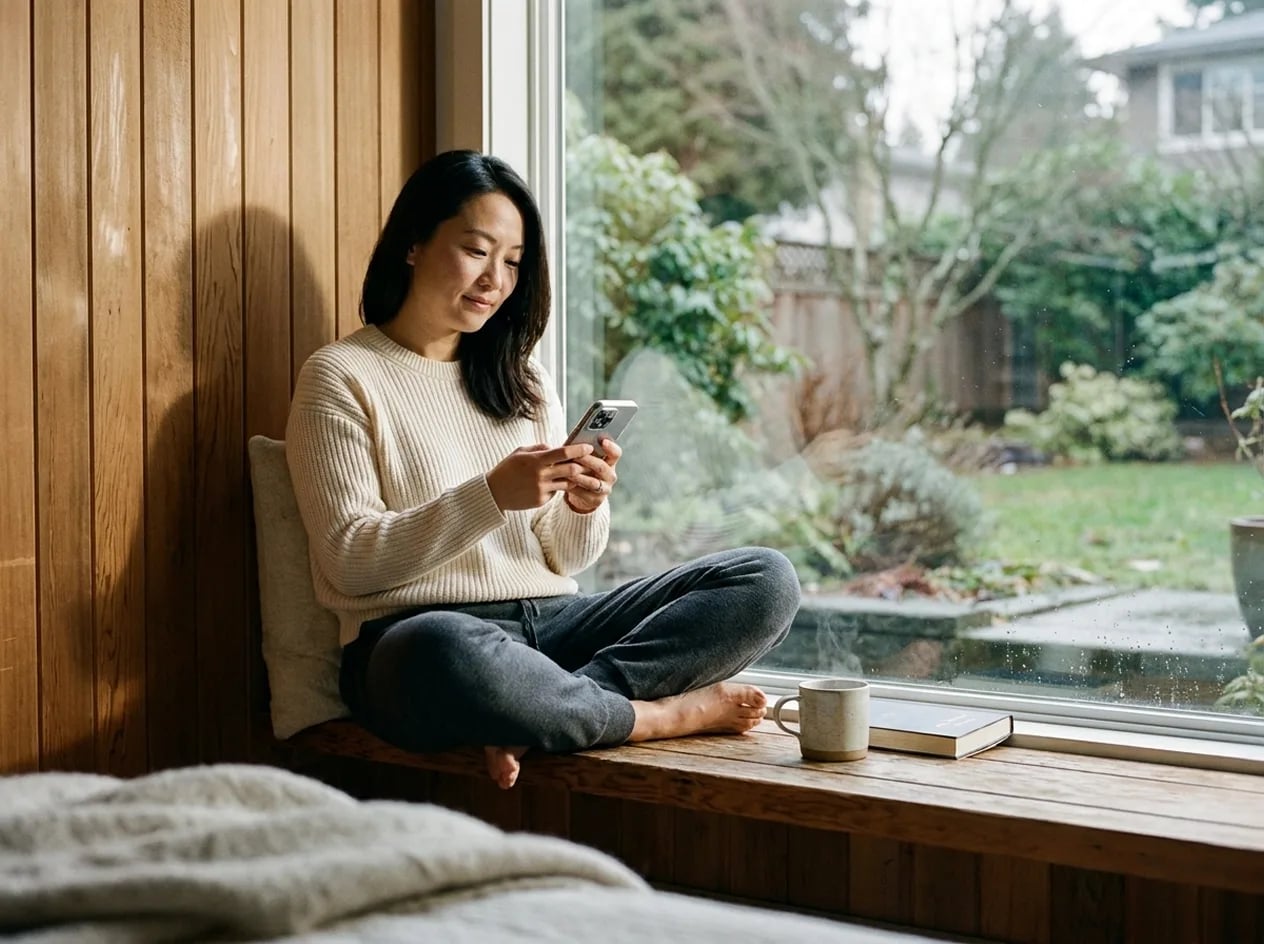 Homeowner using a phone beside a window