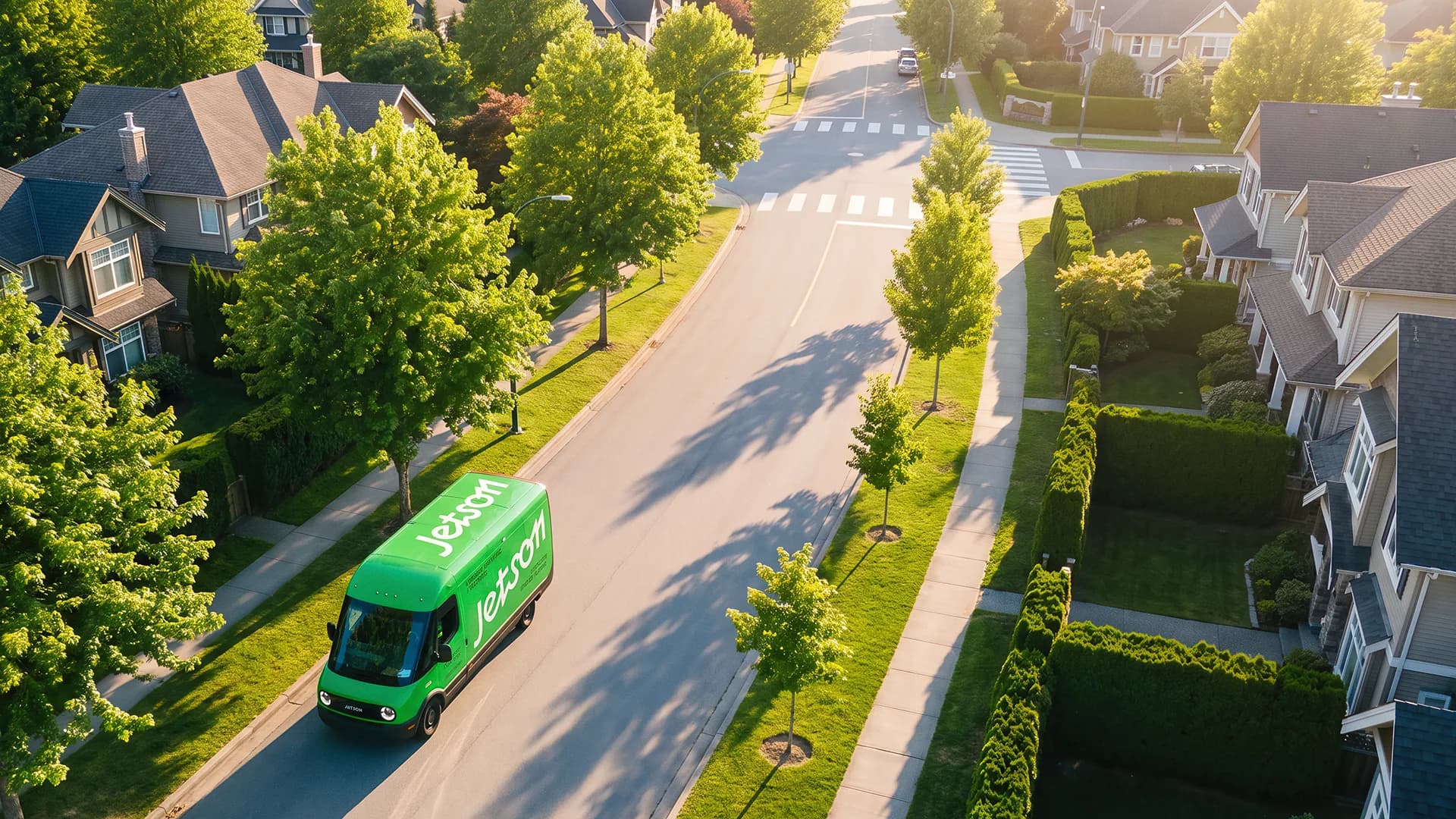 A green Jetson van driving down a tree-lined street seen from above