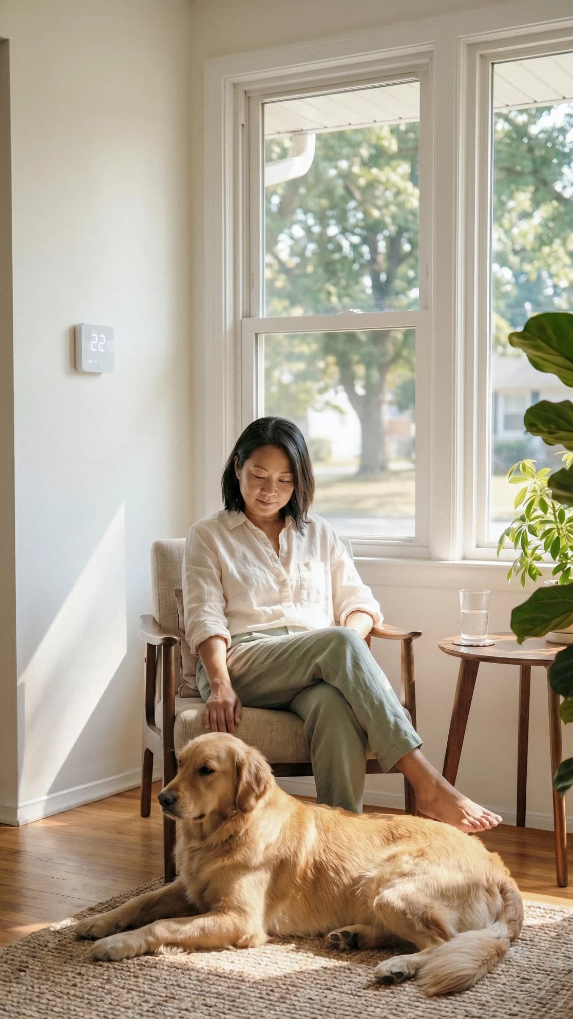 A woman resting in a sunlit armchair beside her dog, a thermostat on the wall reading 22