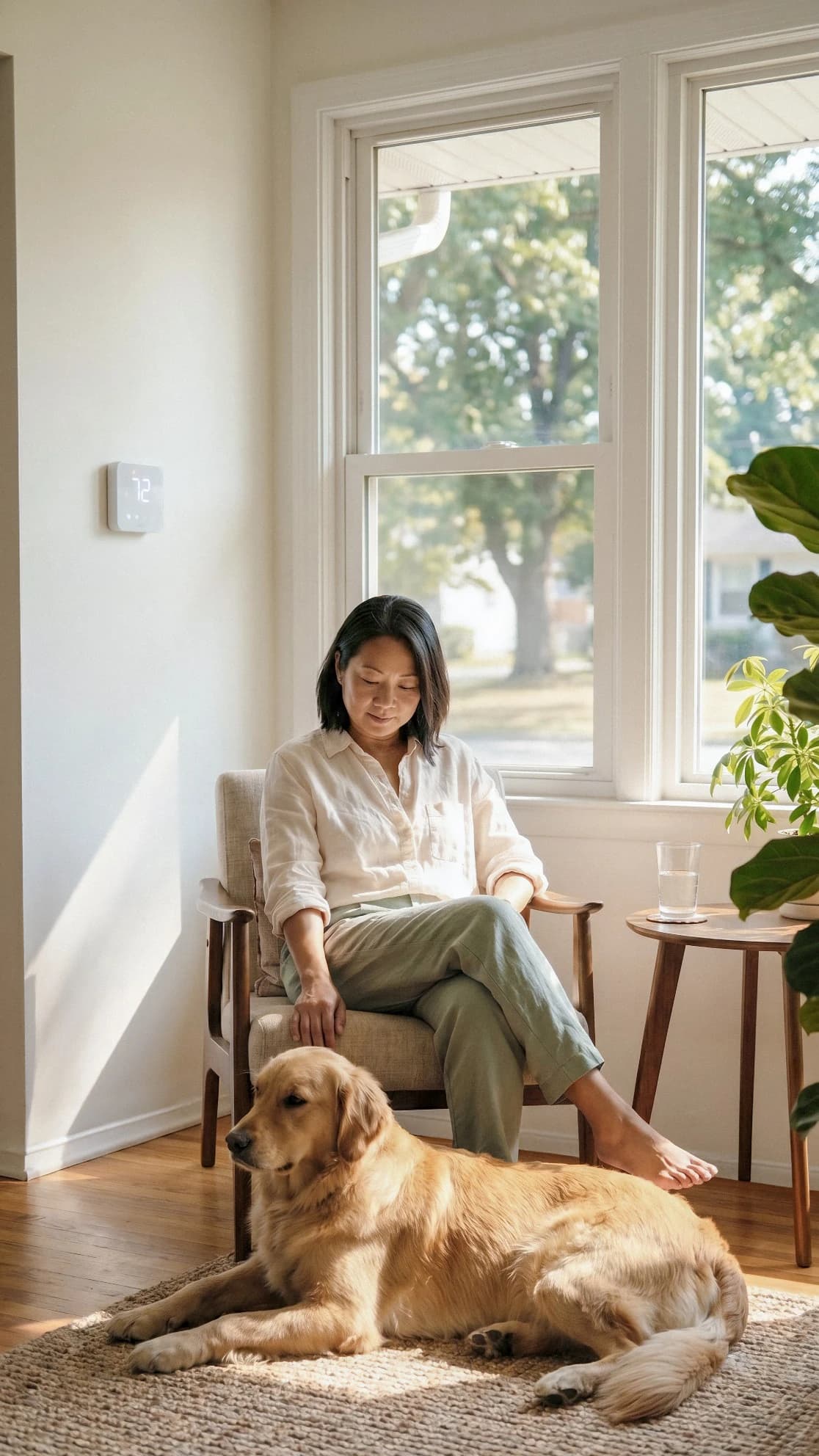 A woman resting in a sunlit armchair beside her dog, a thermostat on the wall reading 72