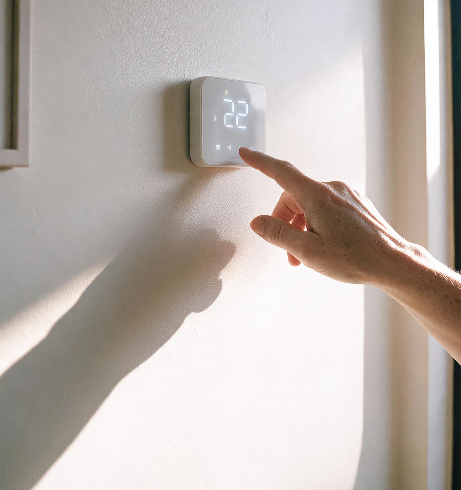 A hand pressing a wall thermostat that reads 22