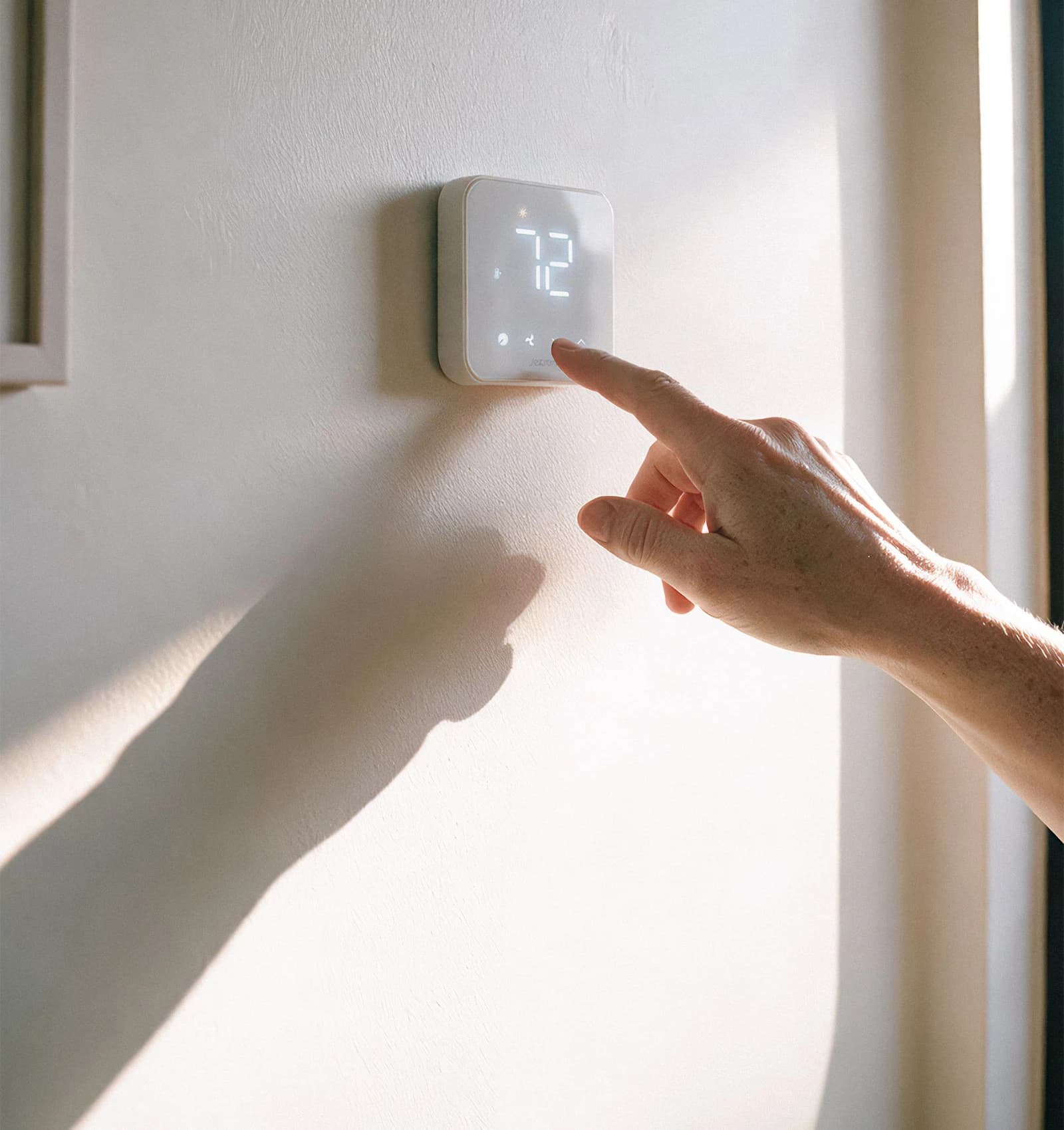 A hand pressing a wall thermostat that reads 72