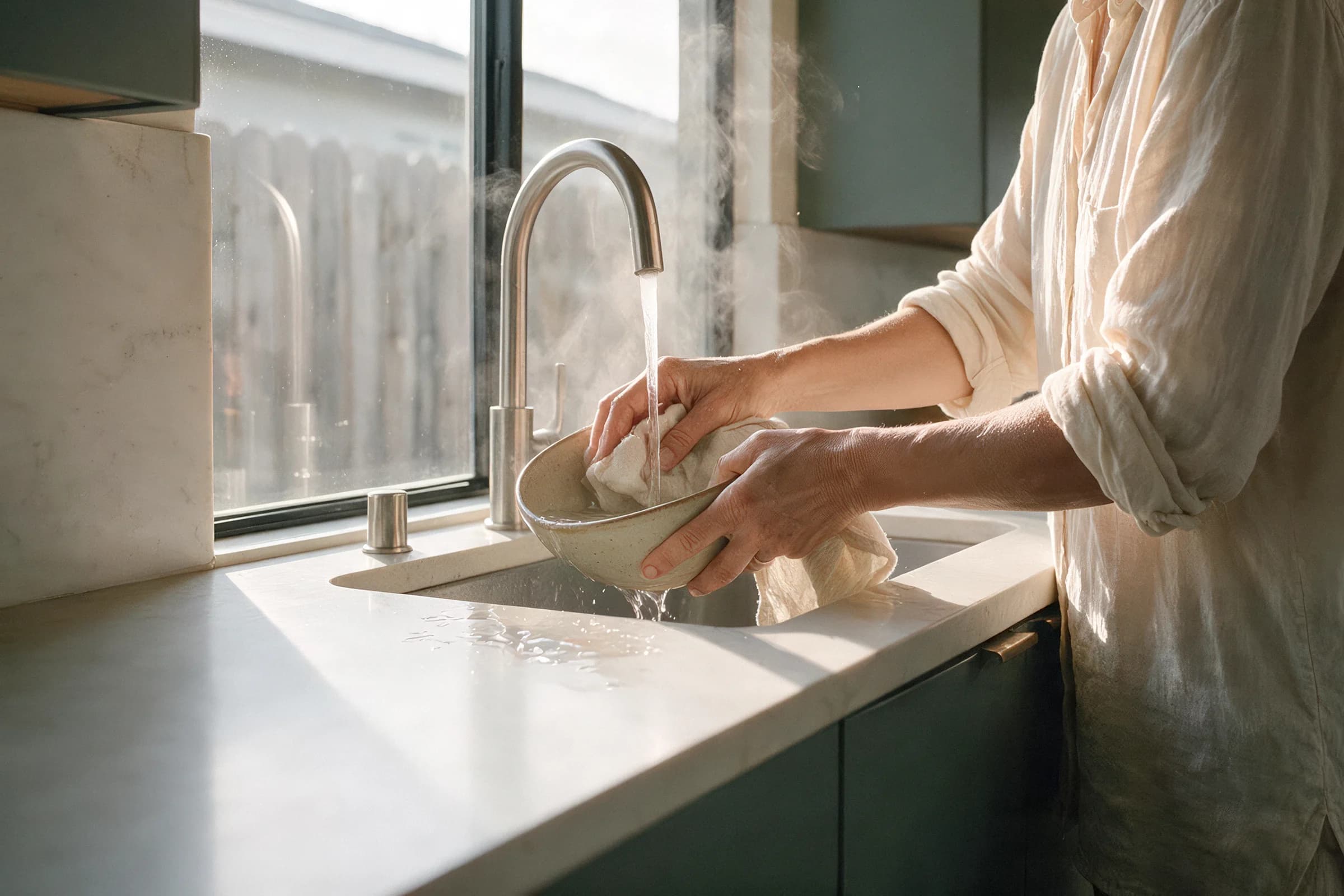 Hot water running from a kitchen faucet into a ceramic bowl