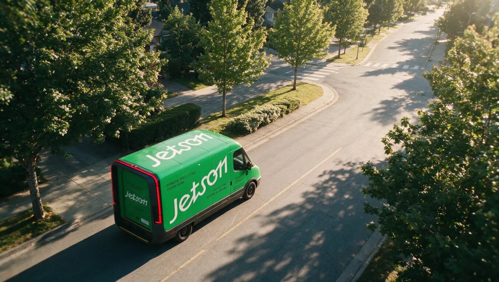 A Jetson van on a tree-lined road