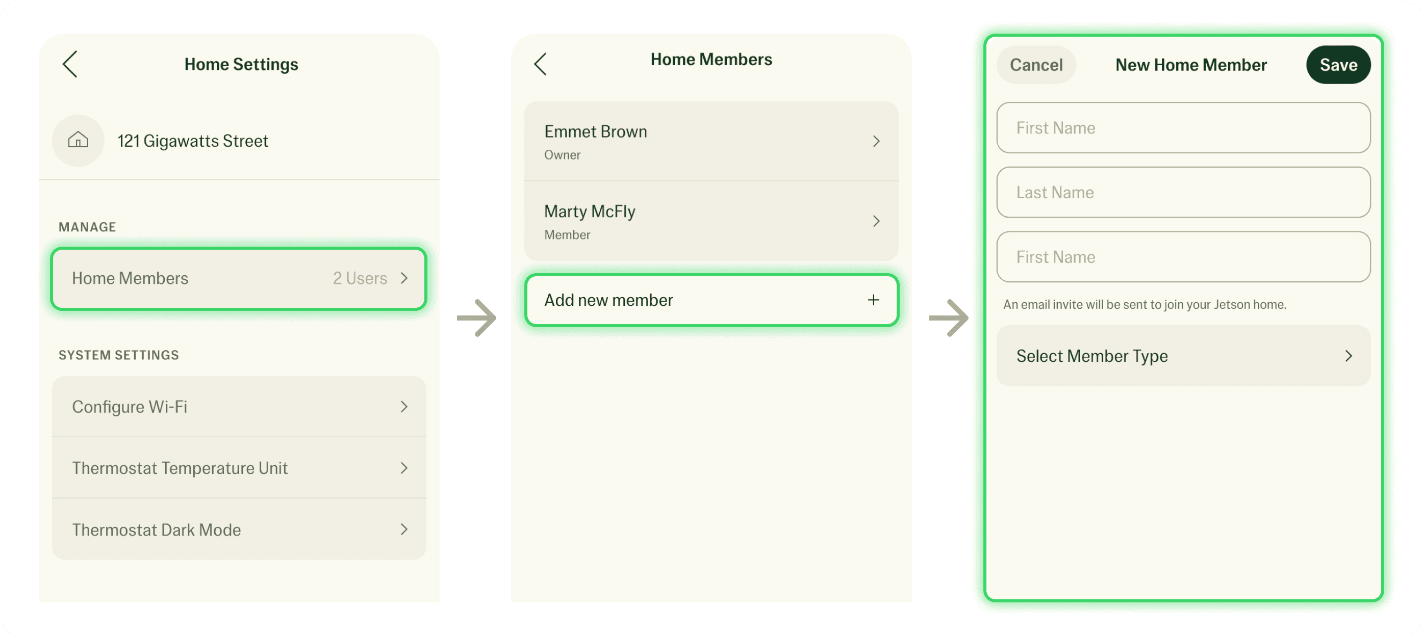 The Add new member screen in the Jetson Home app, with first name, last name, email, and member type fields.