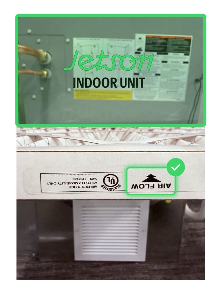 The airflow arrow printed on the filter edge, pointing toward the Jetson indoor unit.