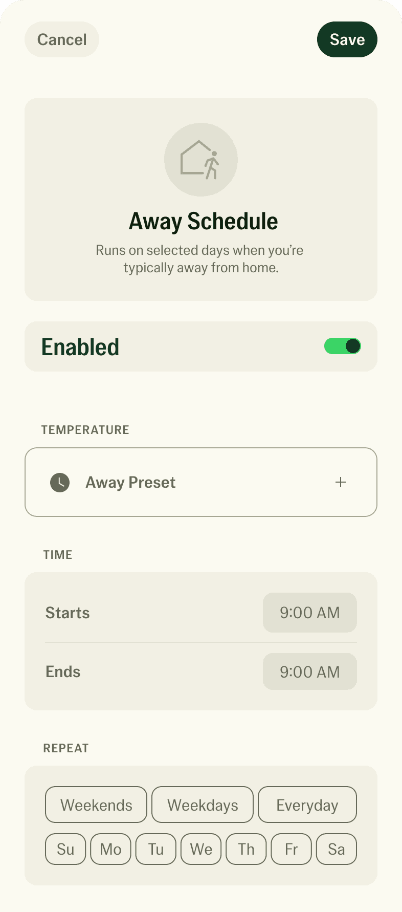 The Away Schedule screen in the Jetson Home app, with preset temperature, start and end times, and repeat days.