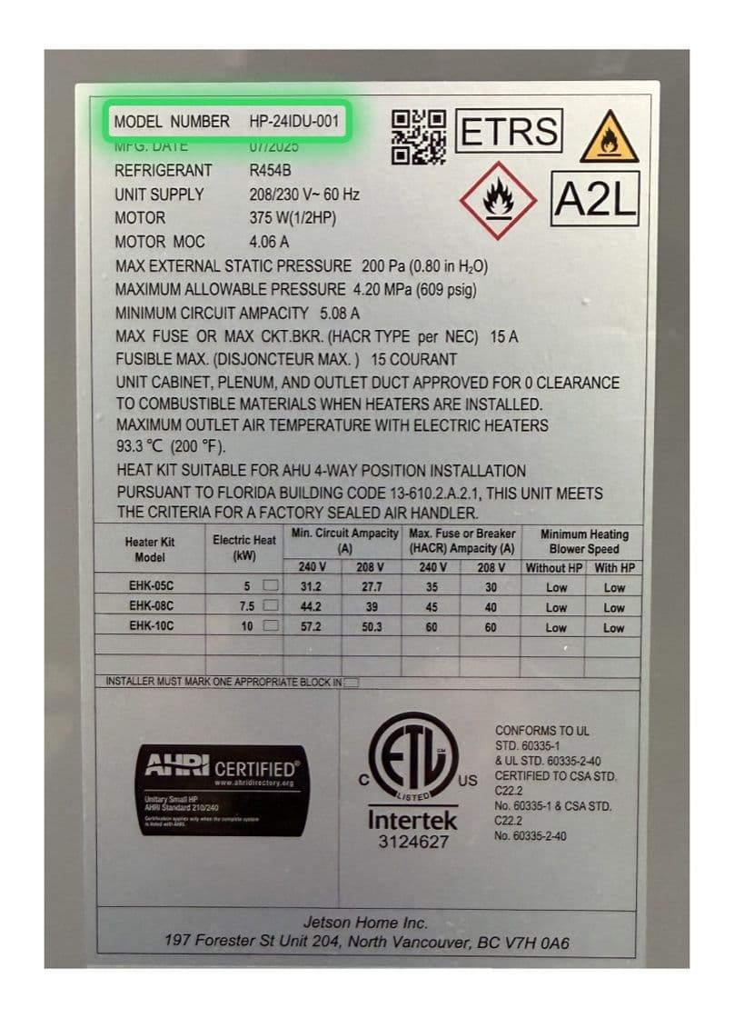 The electrical label on the Jetson indoor unit with the model number highlighted in green.