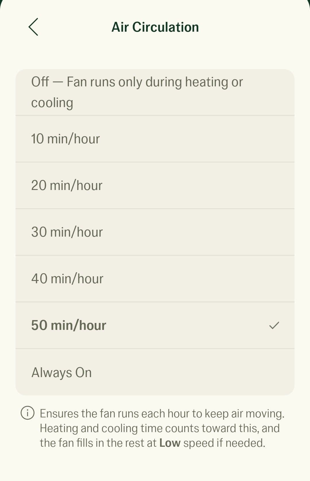 The Jetson Home app air circulation screen for choosing how long the fan runs each hour.