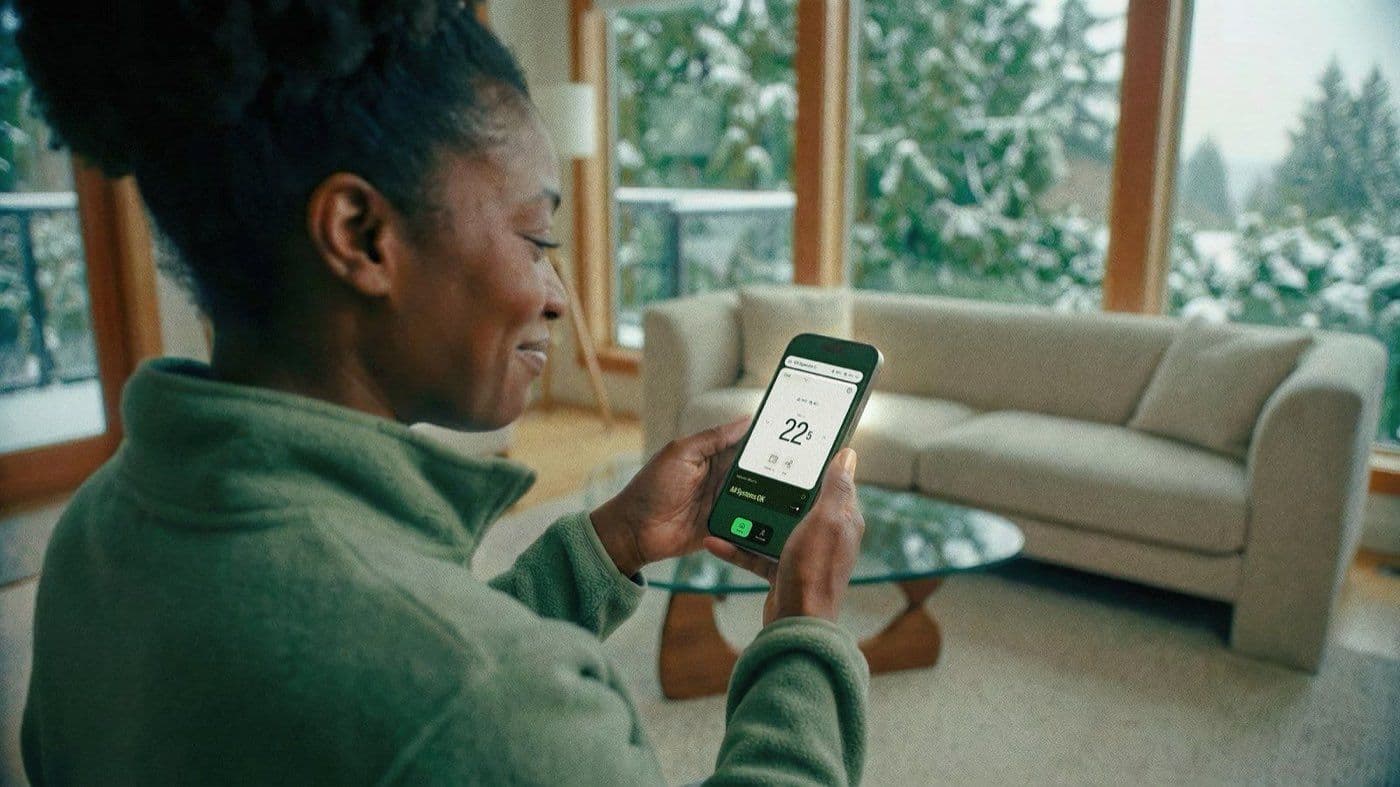A homeowner warm indoors checking the Jetson app while snow falls outside