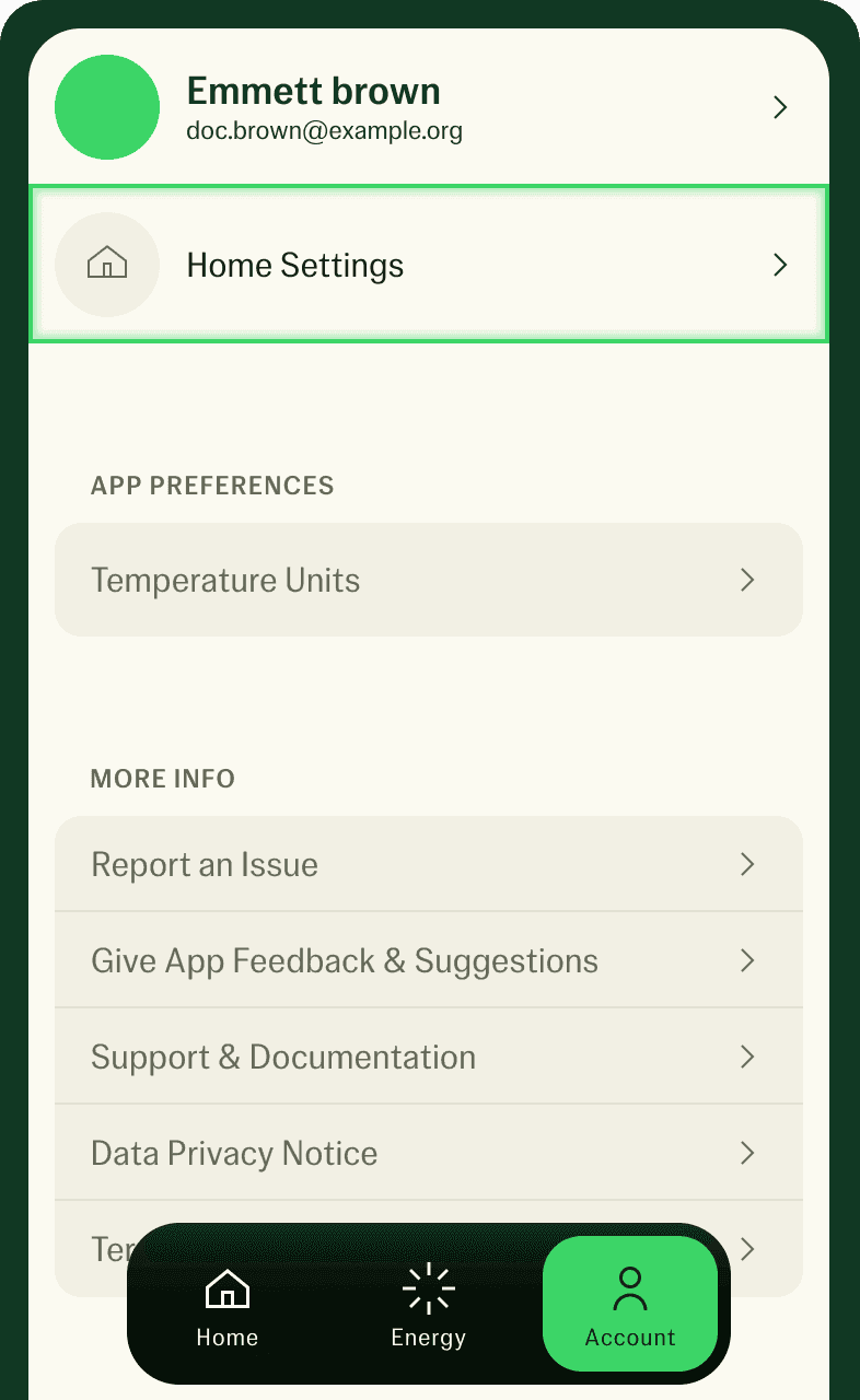 The Account tab in the Jetson Home app, where Home Members management lives under Home Settings.