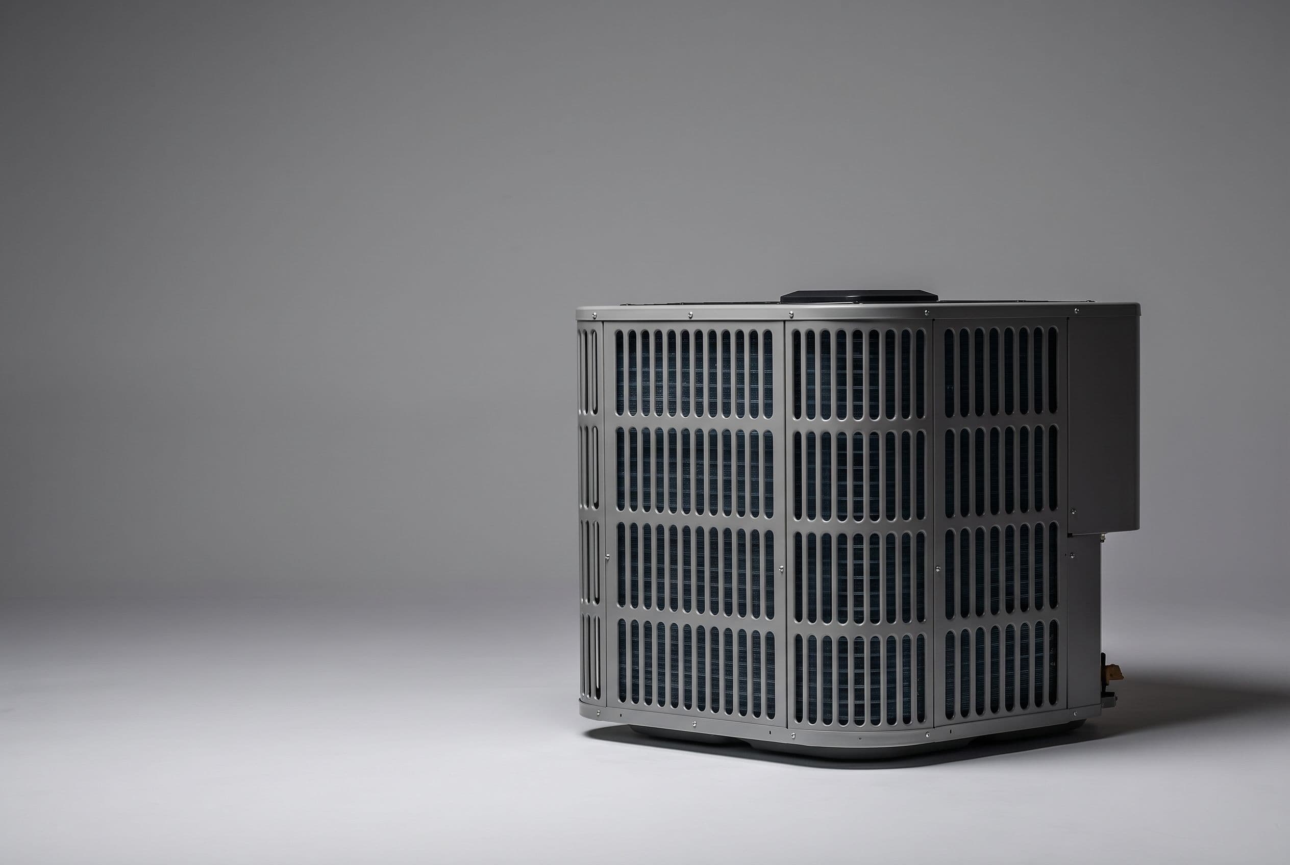 Studio photograph of a Bosch heat pump outdoor unit