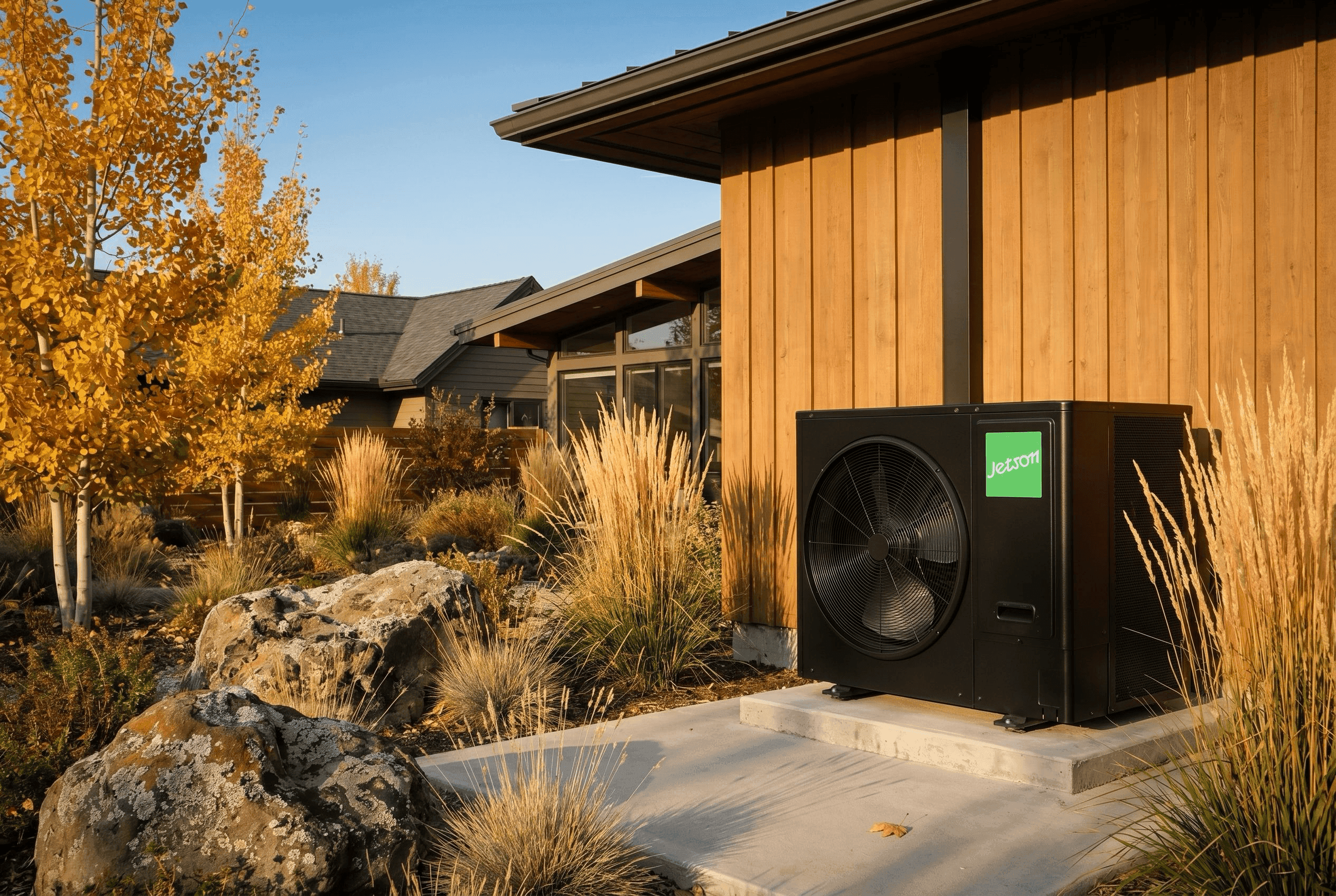 Jetson heat pump condenser installed on a concrete pad against a warm earth-tone board-and-batten home exterior during Colorado fall golden hour, surrounded by gold aspens and ornamental grasses