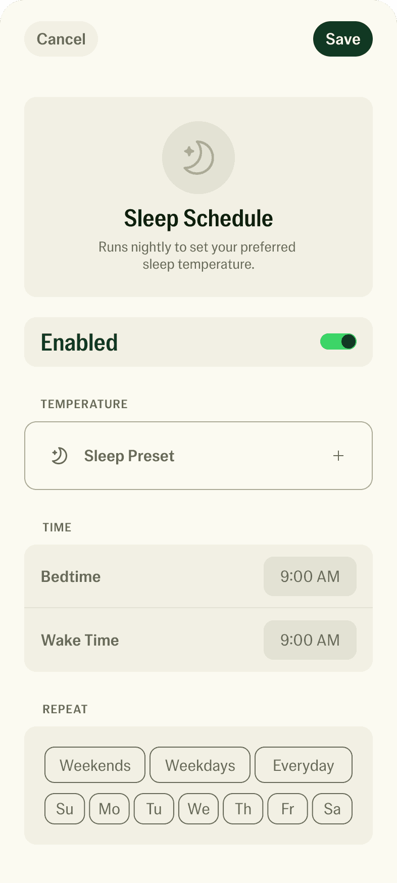 The Sleep Schedule screen in the Jetson Home app, with preset temperature, bedtime, wake time, and repeat days.